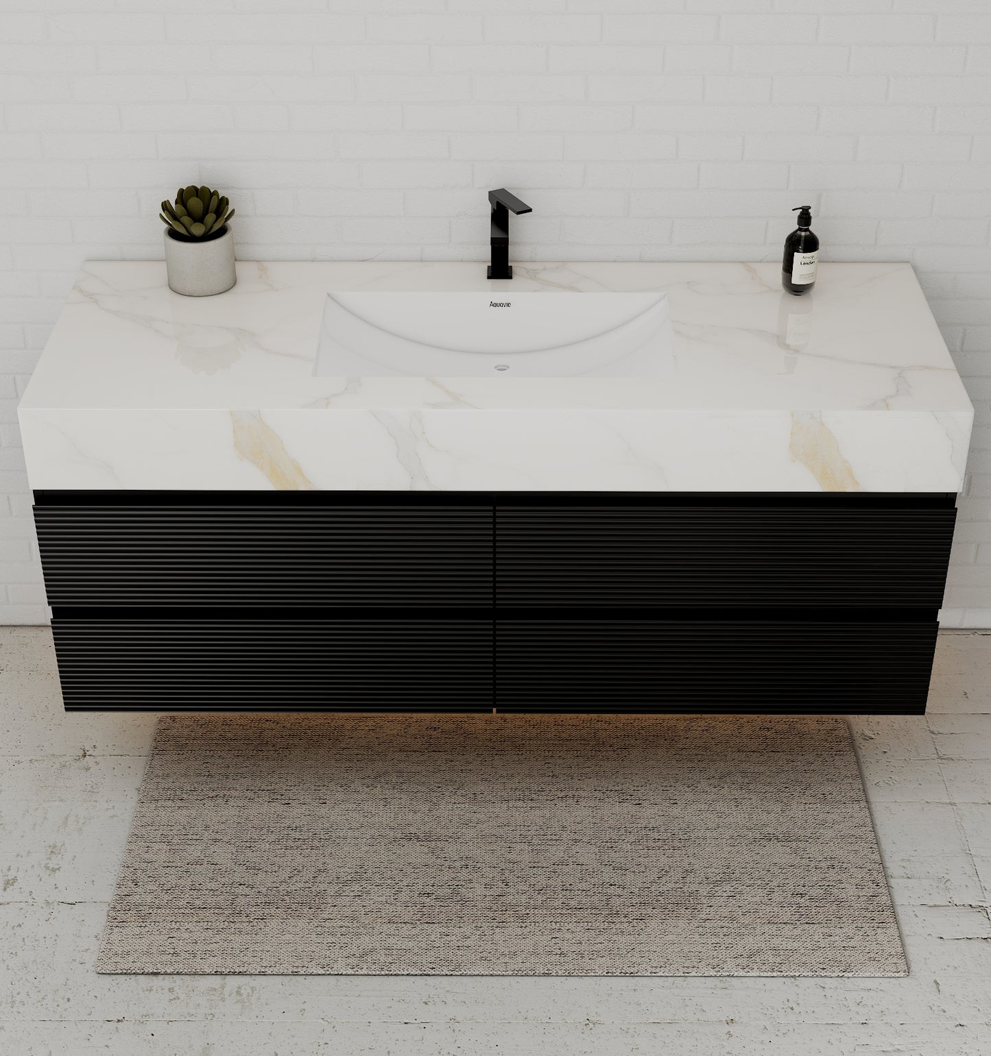 Black 60" Wall-Mounted Single Sink Bathroom Vanity with Fluted Drawers
