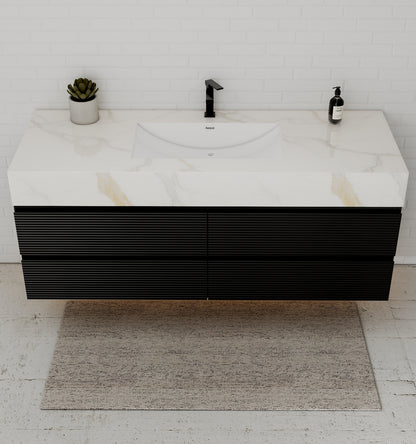 Black 60" Wall-Mounted Single Sink Bathroom Vanity with Fluted Drawers