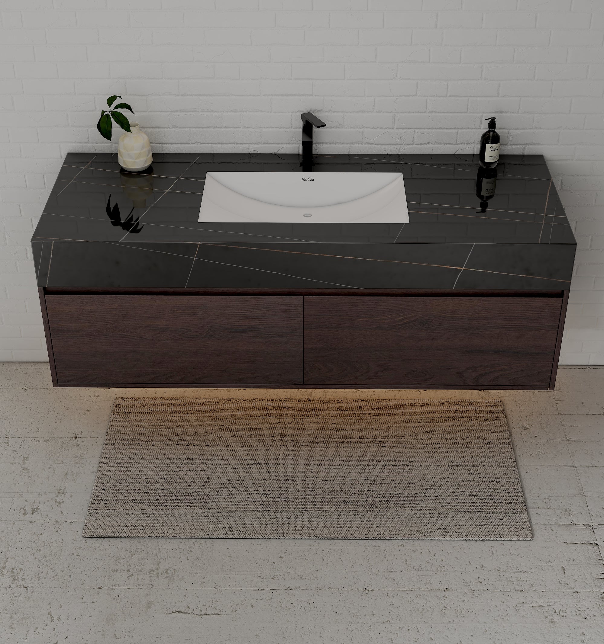 48", 60" Walnut Sintered Stone Top with Double Drawer Floating Bathroom Vanity