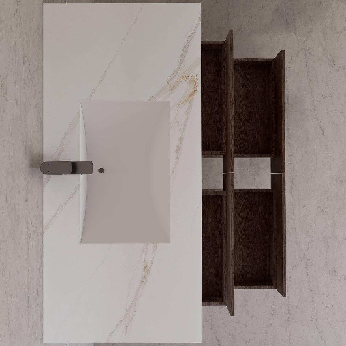 48"，60" Walnut Sintered Stone Top With Four Drawer Floating Bathroom Vanity