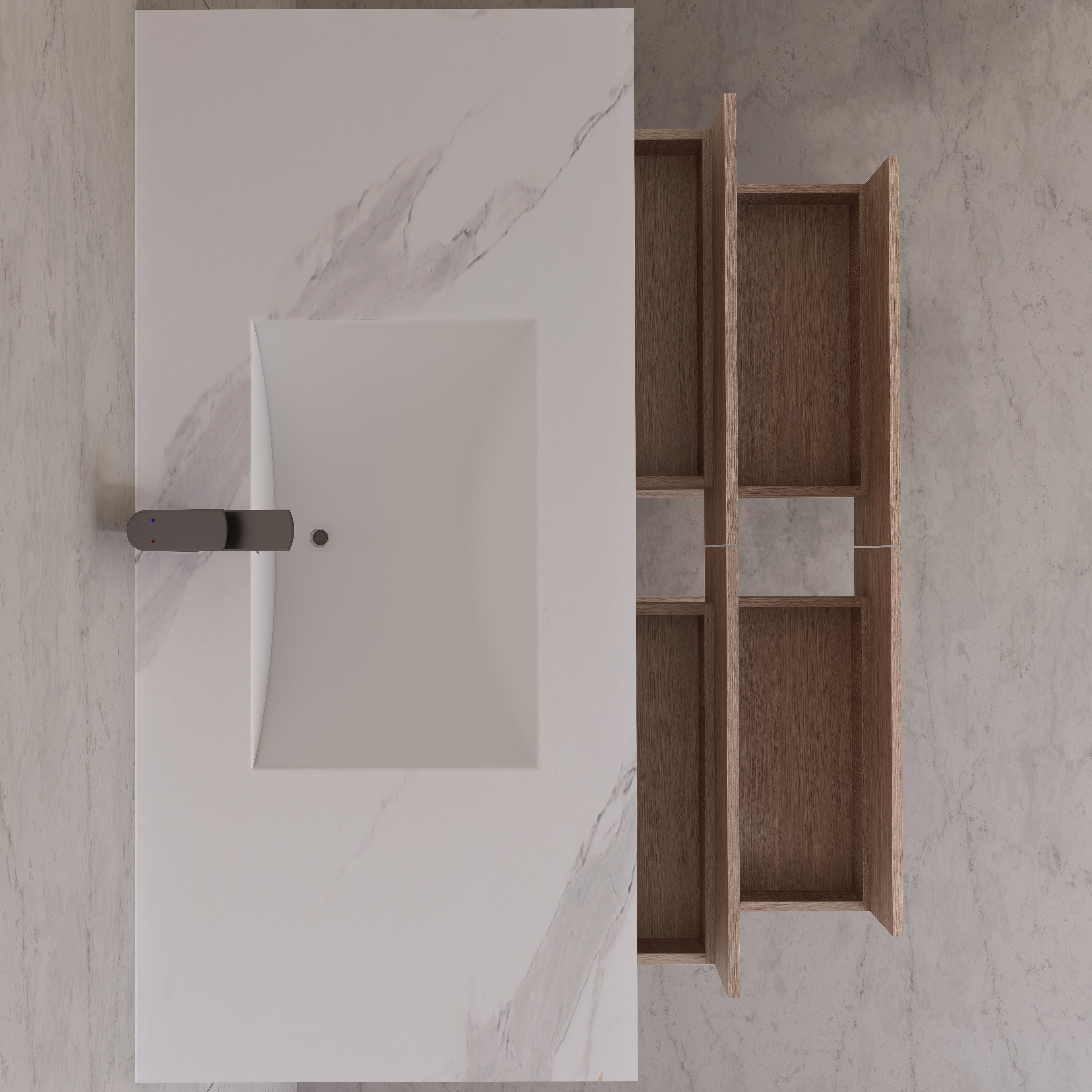 48"，60" Smoked Oak Sintered Stone Top With Four Drawer Floating Bathroom Vanity