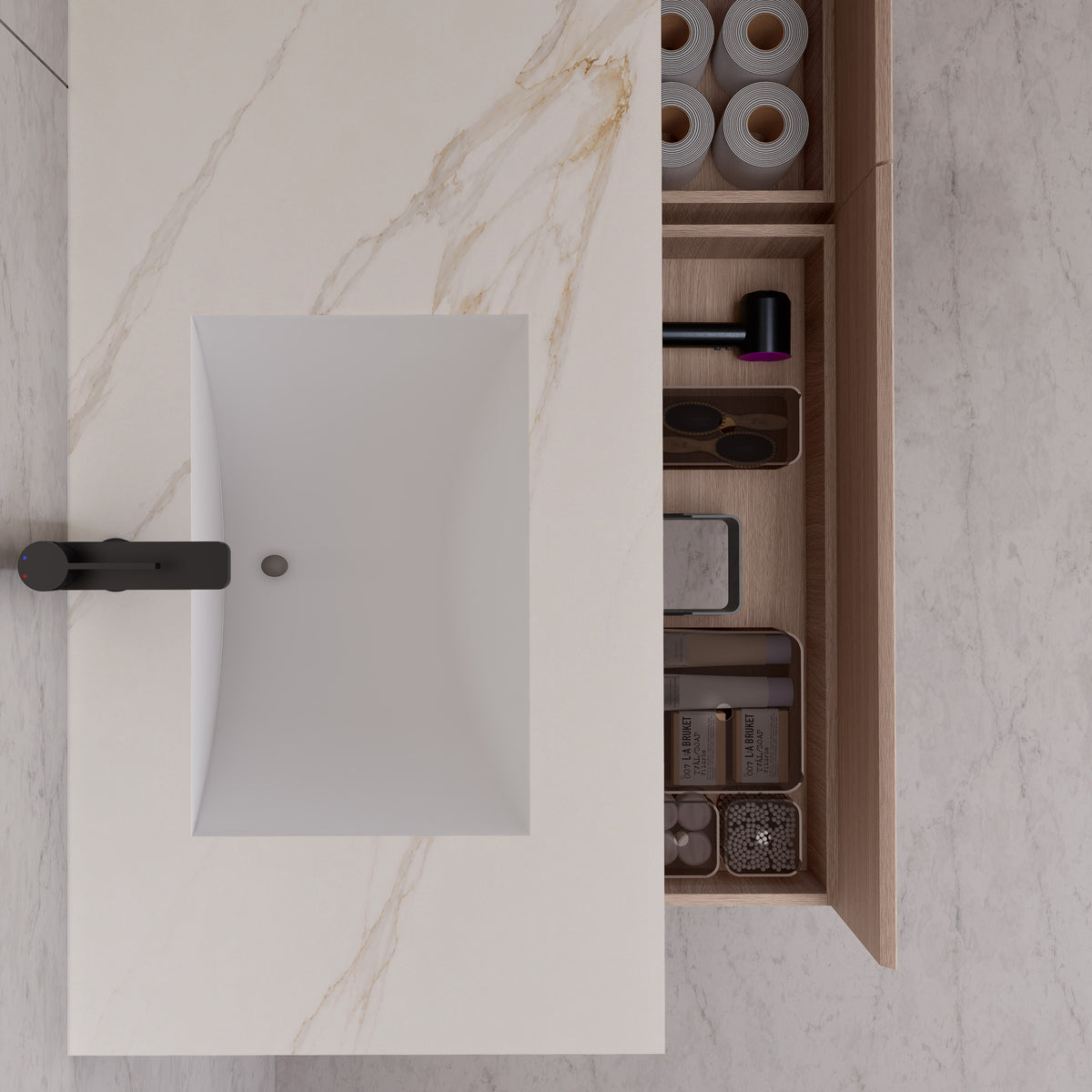 Meuble-lavabo suspendu double de 60 po / 71 po en chêne fumé avec dessus en pierre