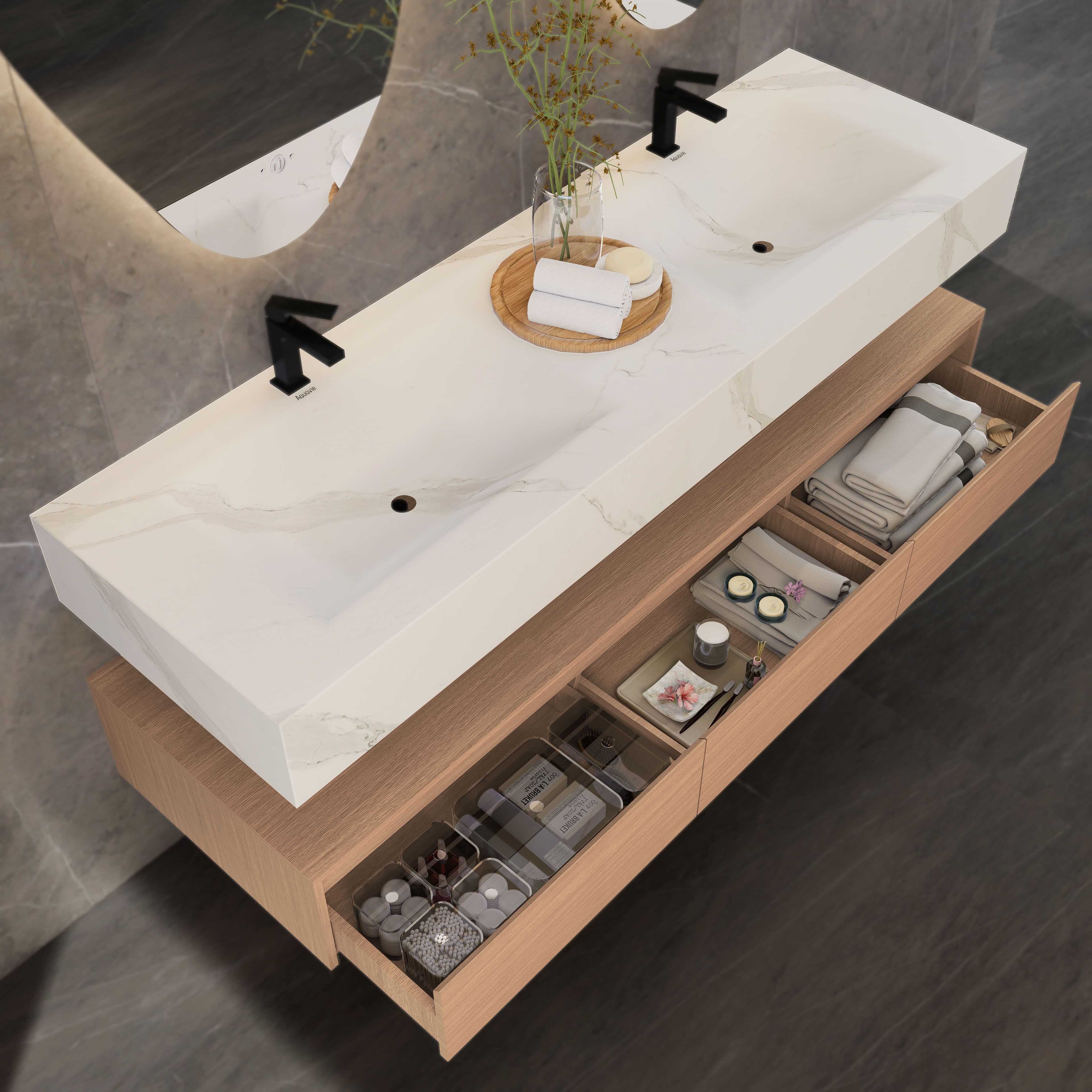 71" Wall Mount Bathroom Vanity - Stone Integrated Basin & Plywood Cabinet