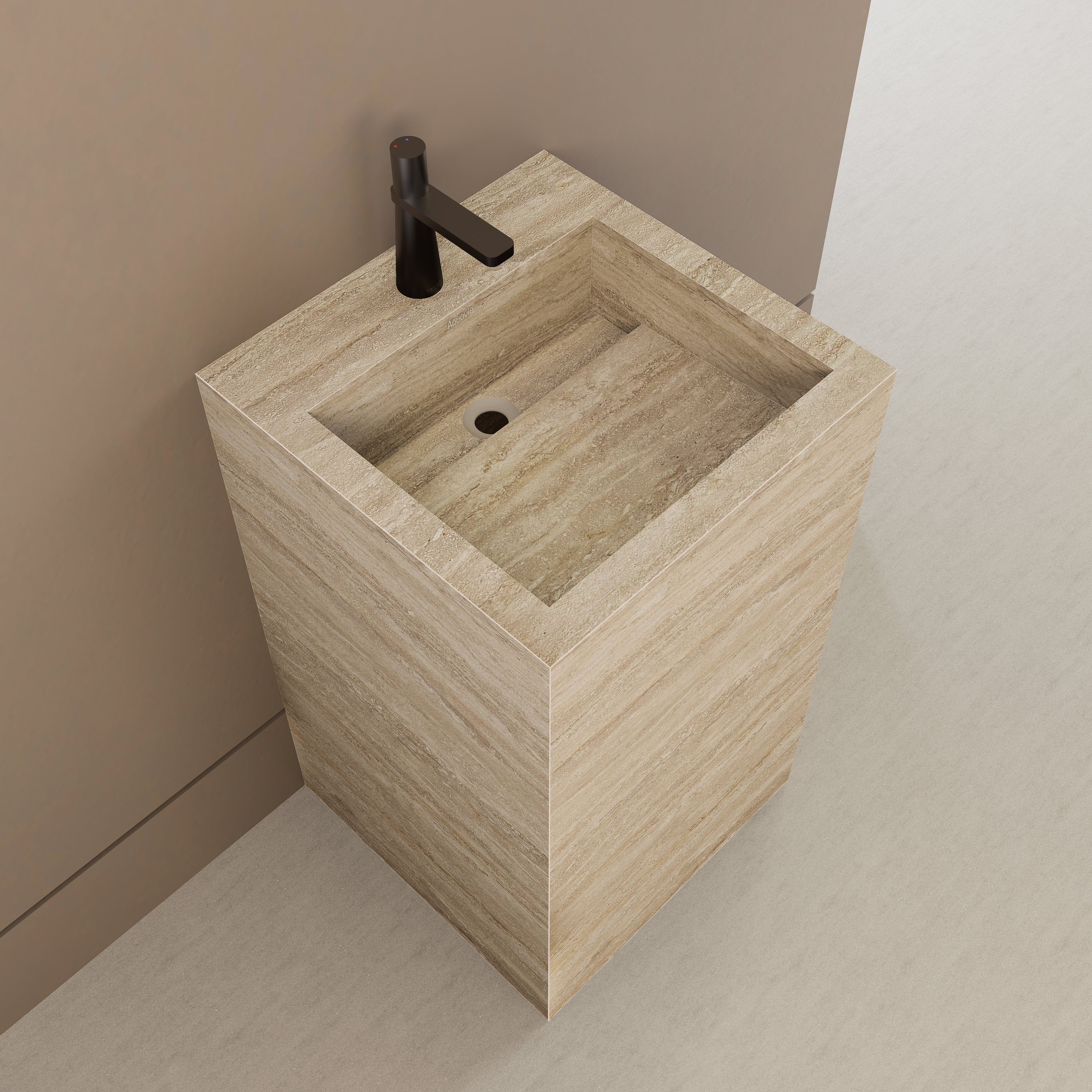 Monolithic Freestanding Pedestal Sink | Natural Travertine Sintered Stone Ramp Basin