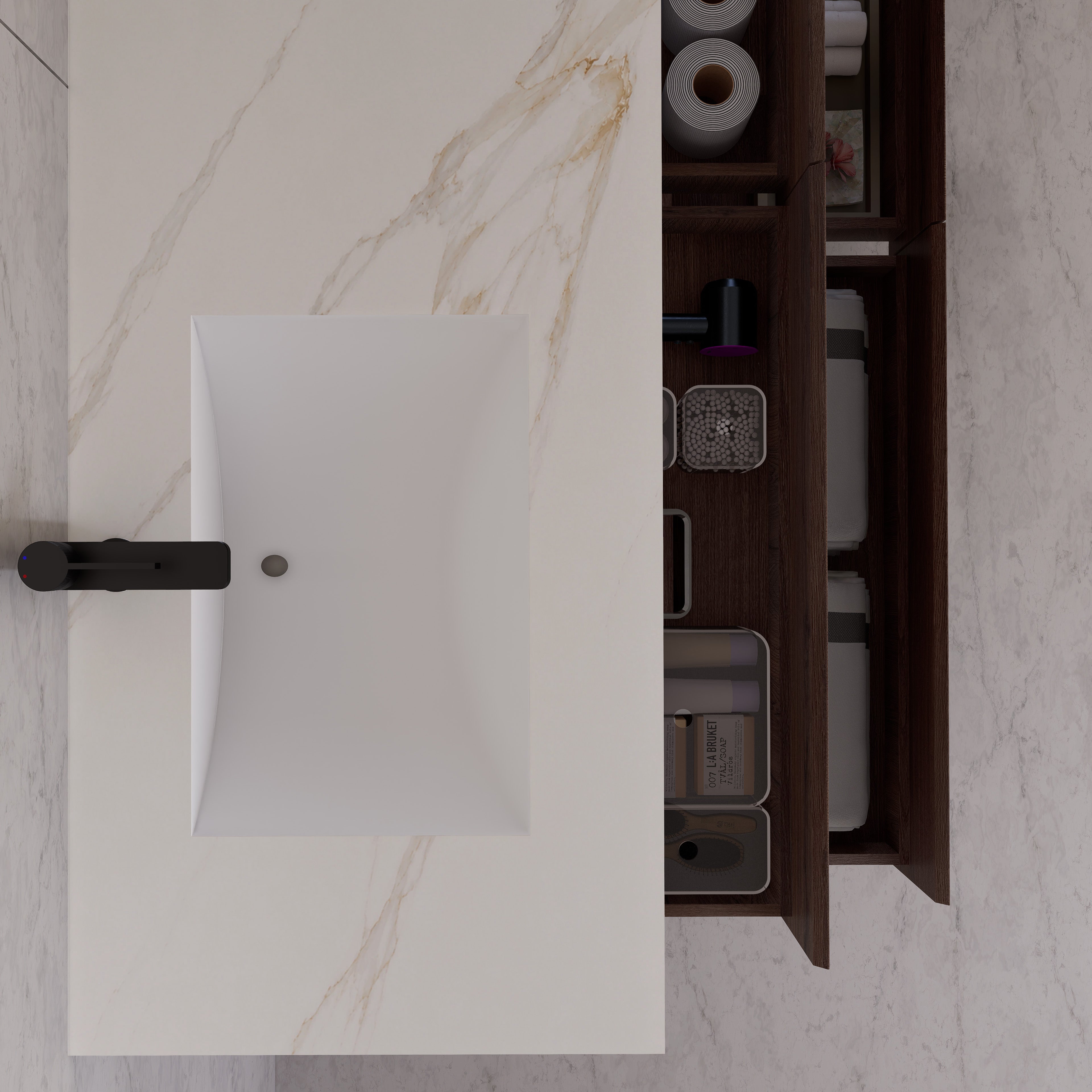 71"，60" Walnut Double Sink Sintered Stone Top with Elegant Floating Bathroom Vanity