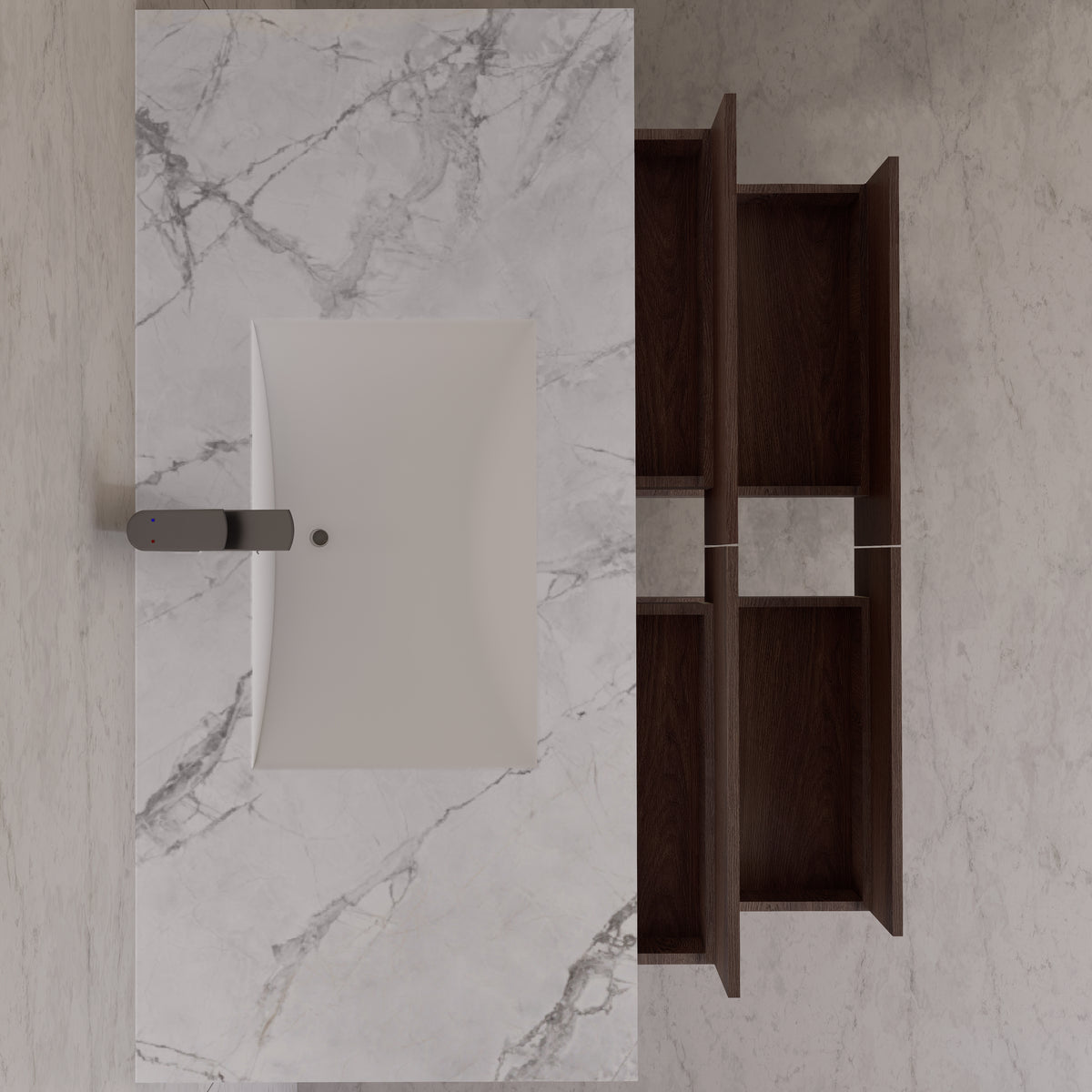 48"，60" Walnut Sintered Stone Top With Four Drawer Floating Bathroom Vanity