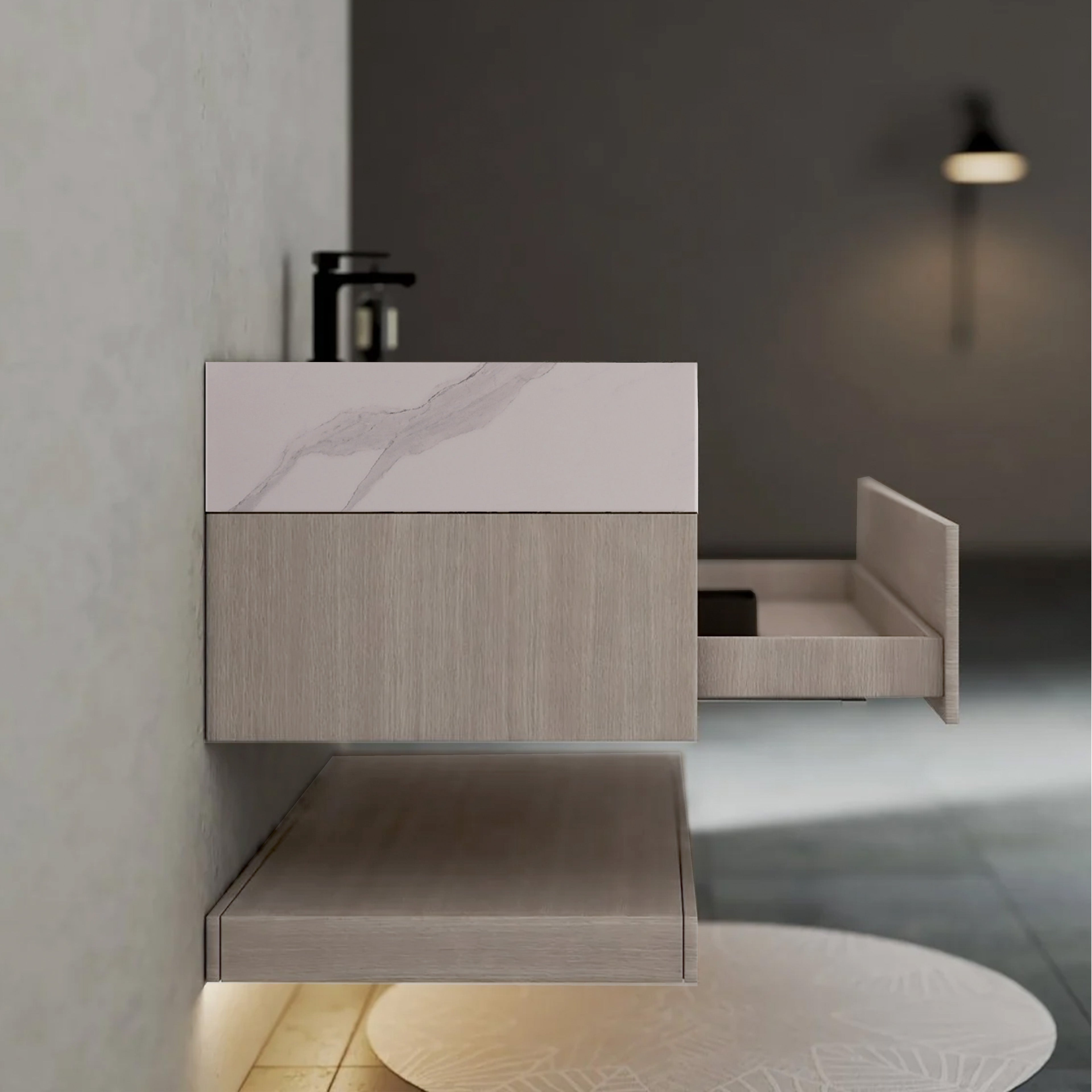 32", 36", 40" White Grey Oak Hotel-Style Floating Bathroom Vanity With Sintered Stone Top with
