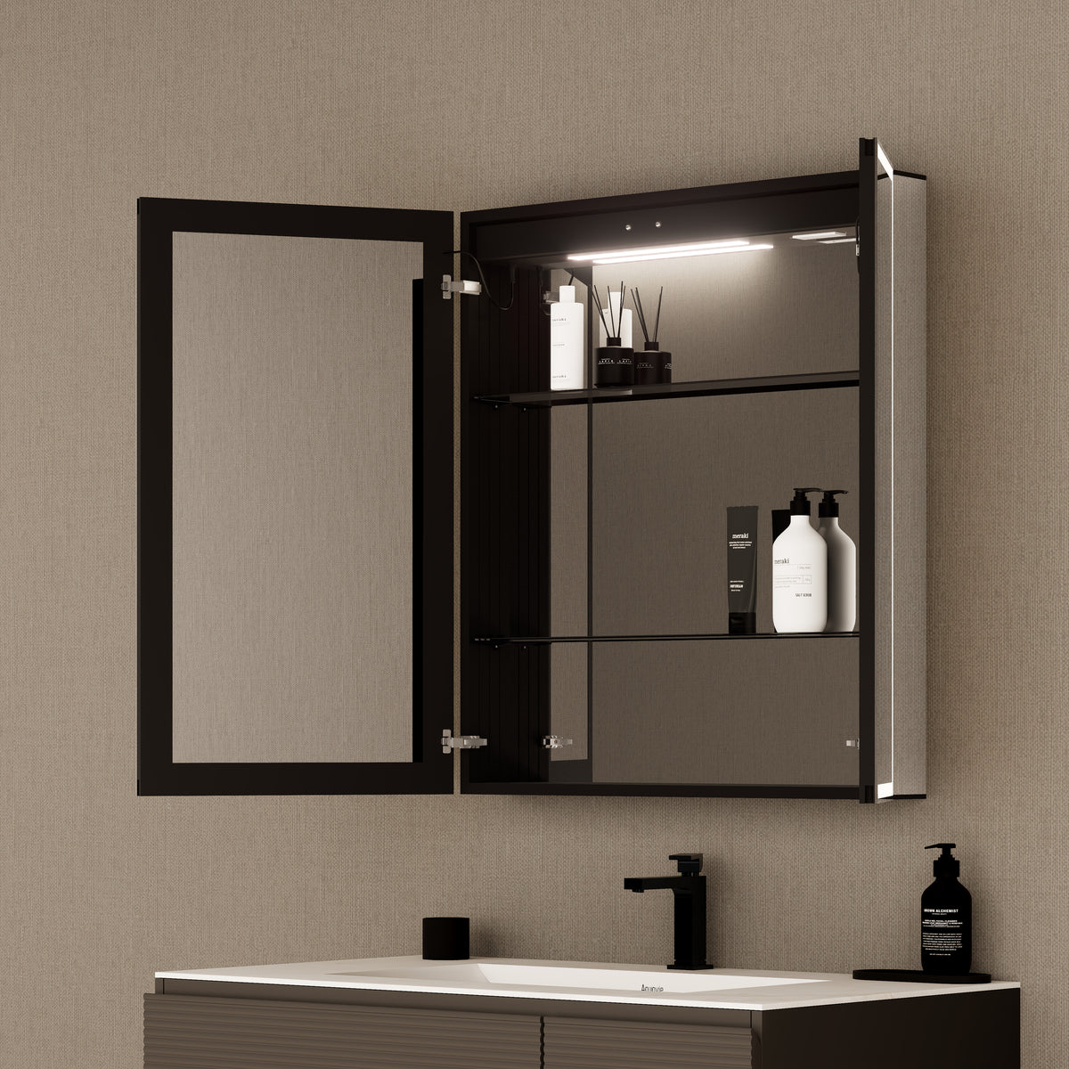 28" Aluminum LED Medicine Cabinet with BLUM Hinges, Interior Lighting & Glass Shelves
