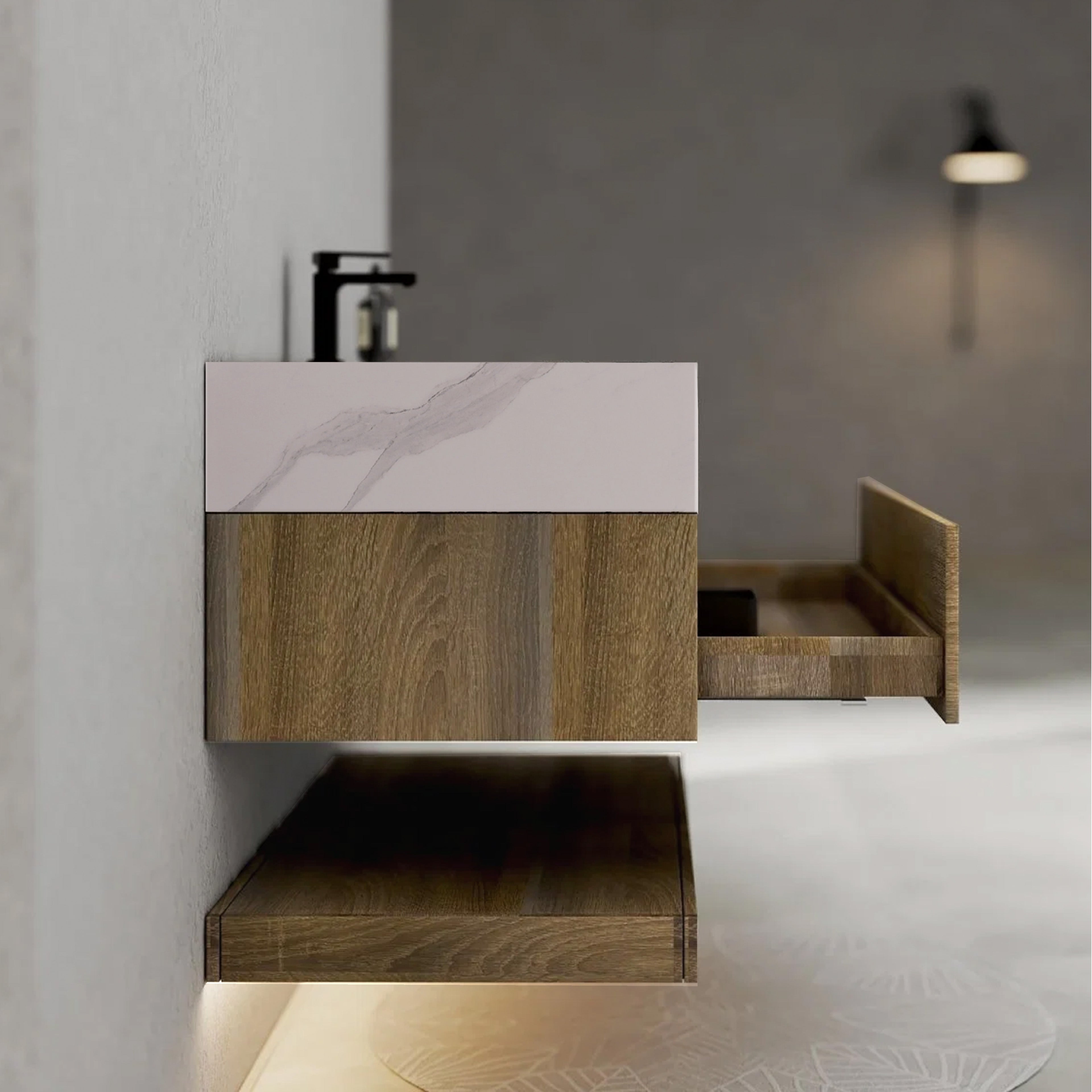 32", 36", 40" Light Oak Hotel-Style Floating Bathroom Vanity With Sintered Stone Top