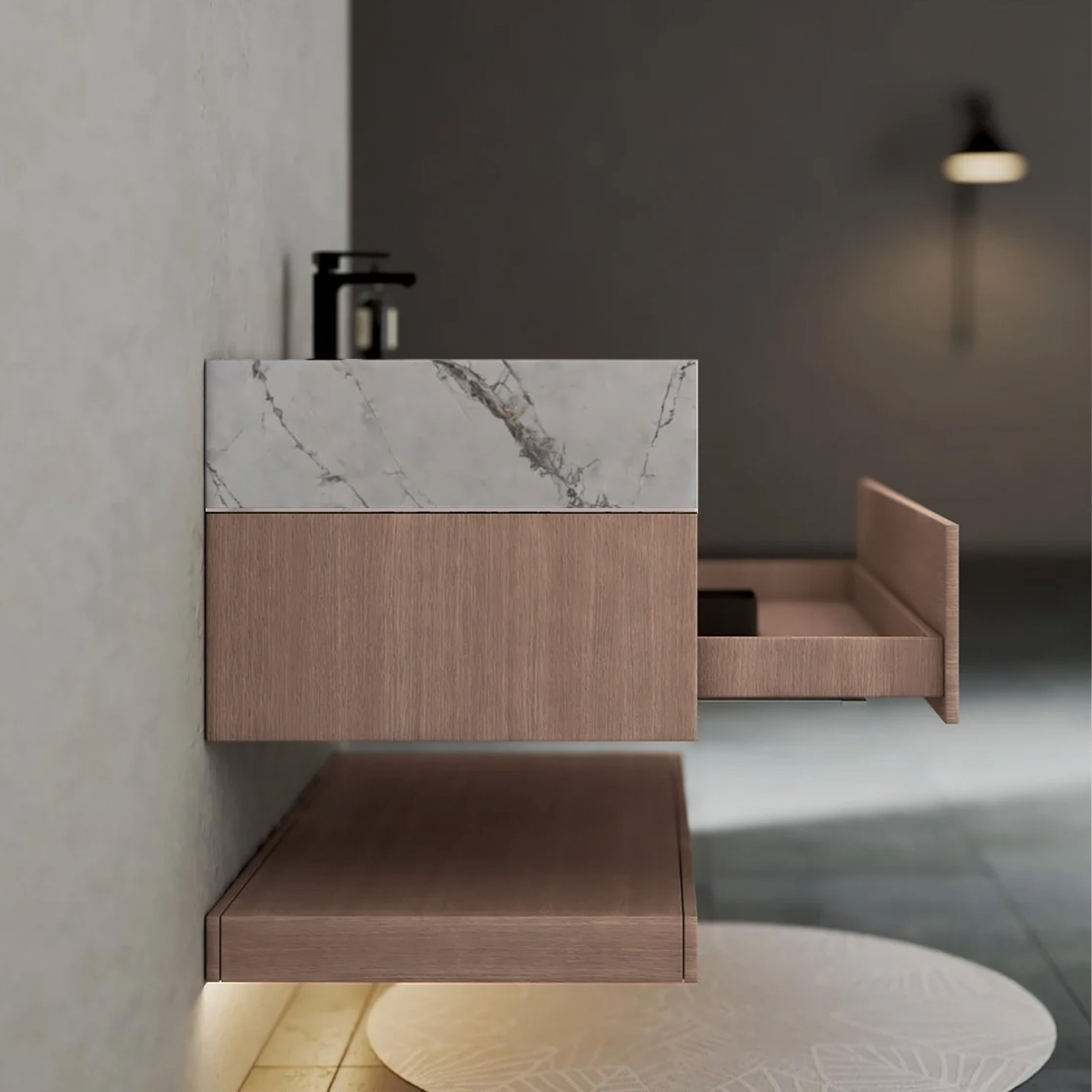 32", 36", 40" Smoked Oak Hotel-Style Floating Bathroom Vanity With Sintered Stone Top