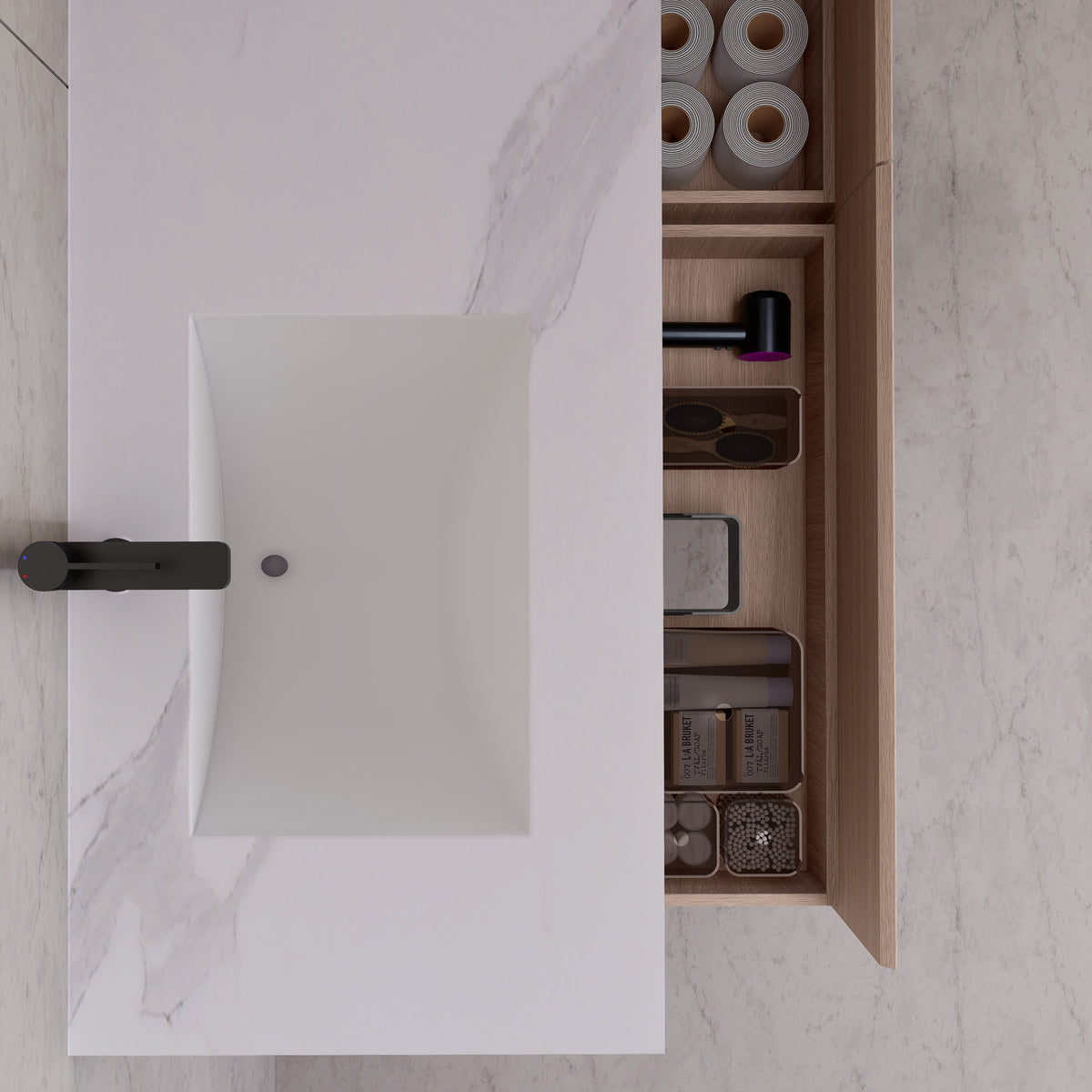 Meuble-lavabo suspendu double de 60 po / 71 po en chêne fumé avec dessus en pierre