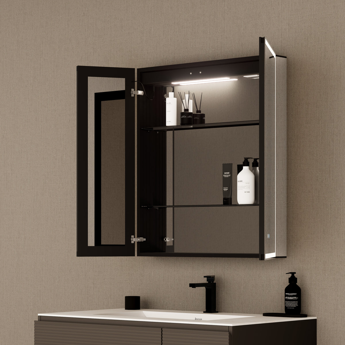 28" Aluminum LED Medicine Cabinet with BLUM Hinges, Interior Lighting & Glass Shelves