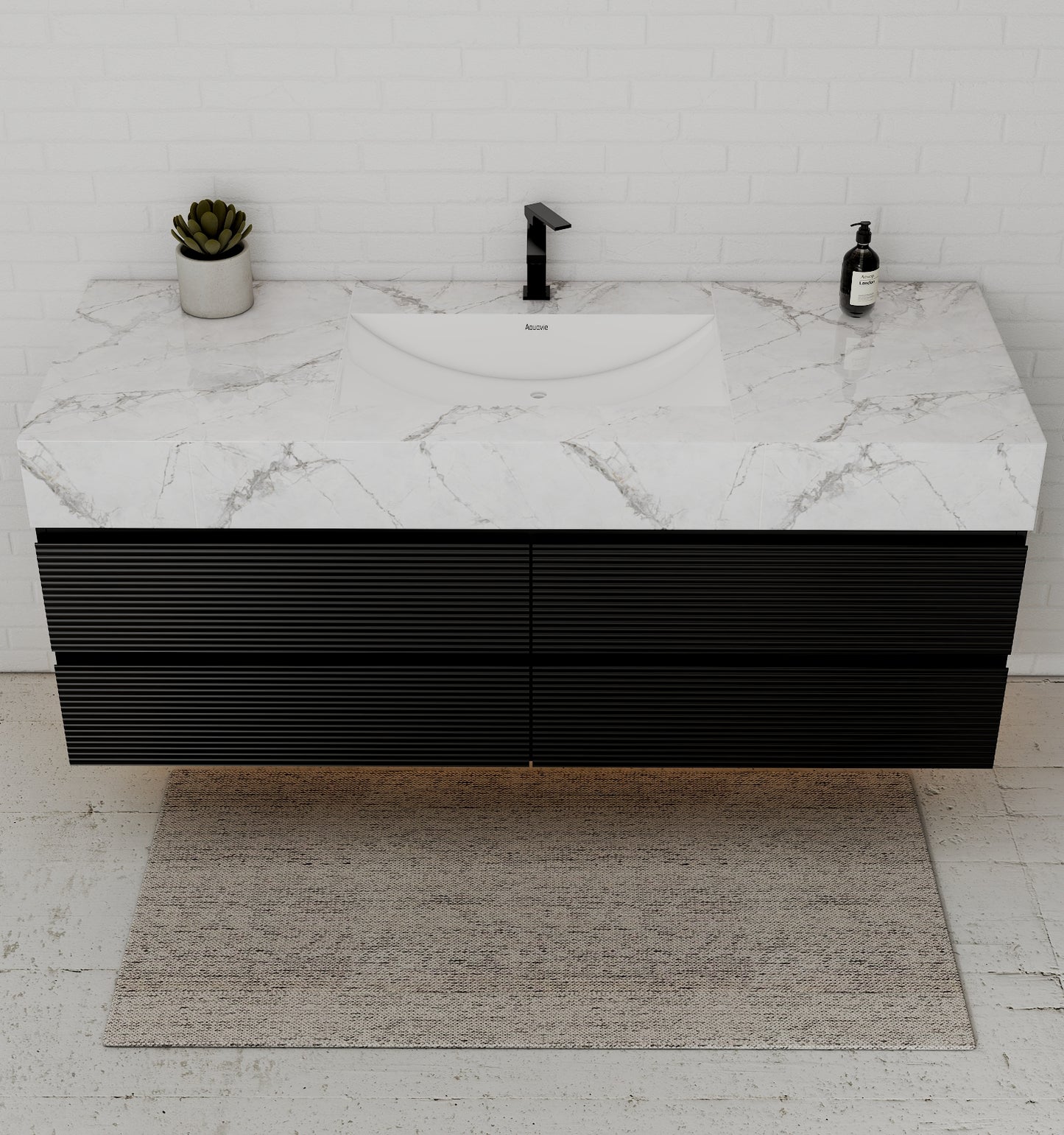Black 60" Wall-Mounted Single Sink Bathroom Vanity with Fluted Drawers