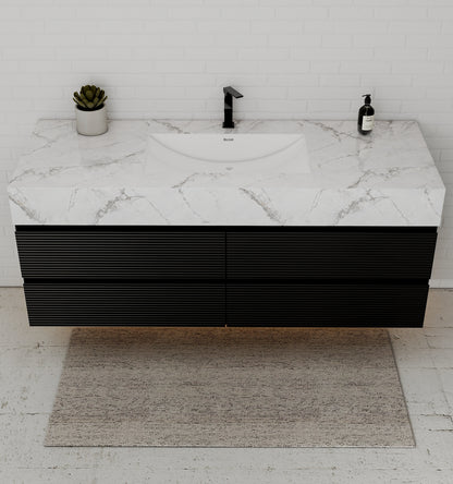 Black 60" Wall-Mounted Single Sink Bathroom Vanity with Fluted Drawers