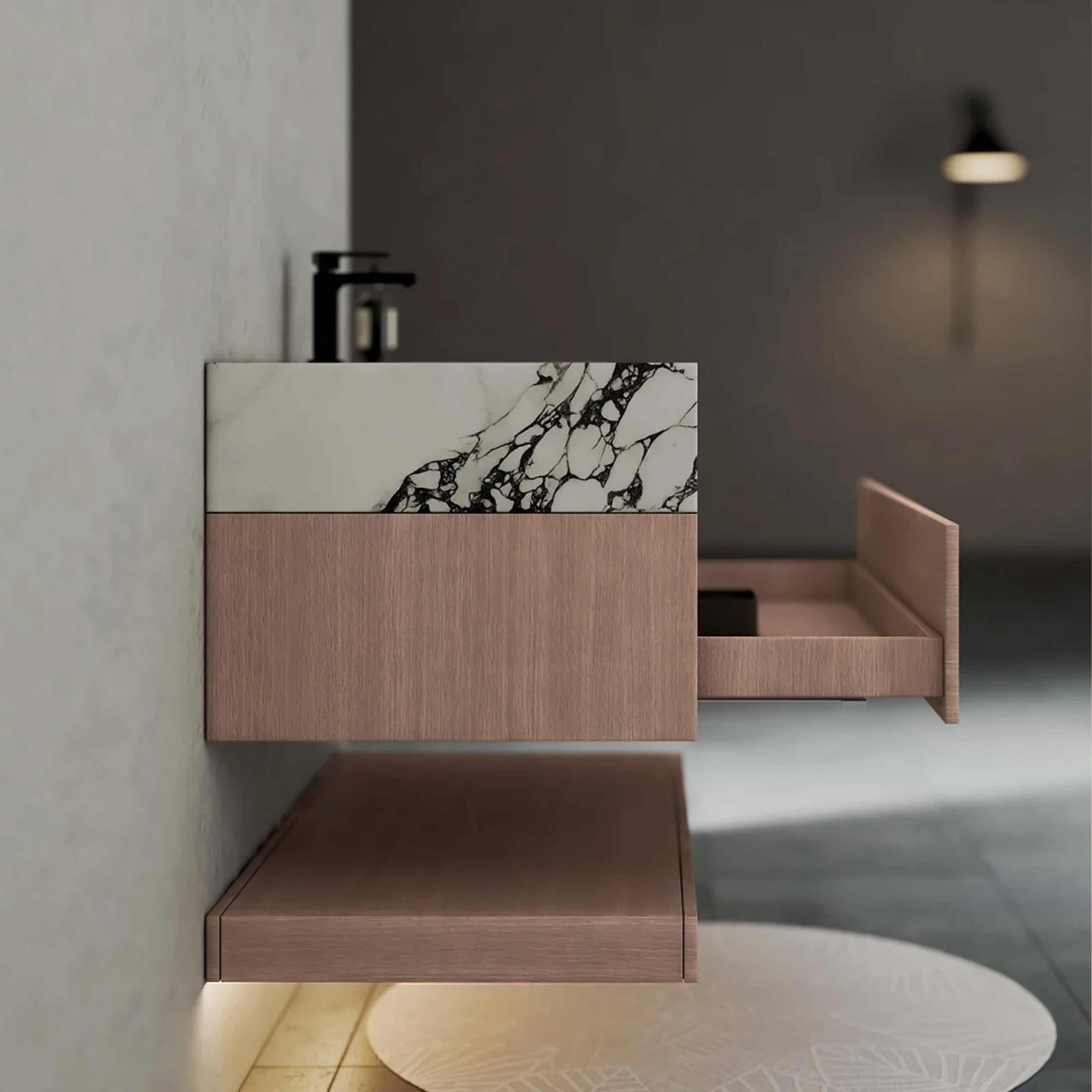 32", 36", 40" Smoked Oak Hotel-Style Floating Bathroom Vanity With Sintered Stone Top