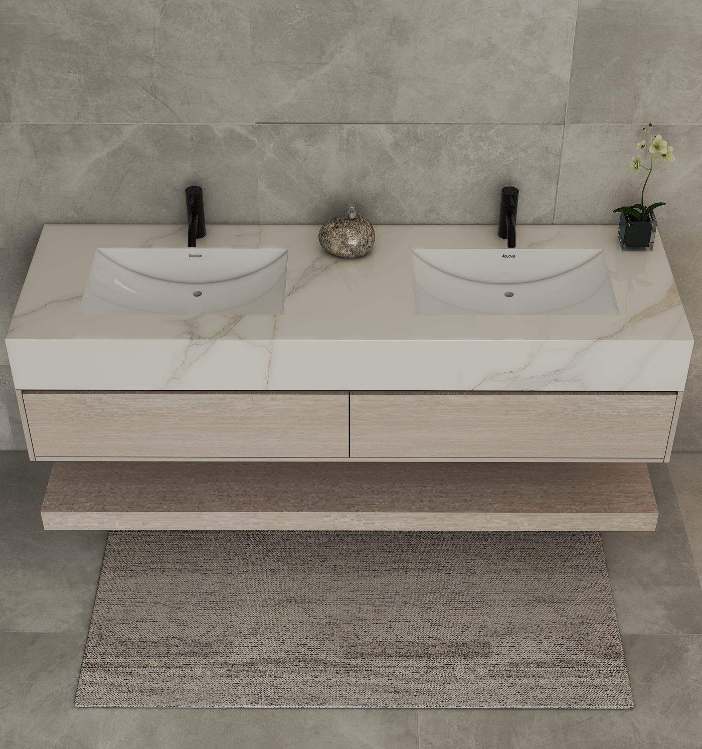 60"/ 71" Ash Grey Oak Double Sink Stone Top Open Shelf Floating Bathroom Vanity - VanityAsh Grey Oak