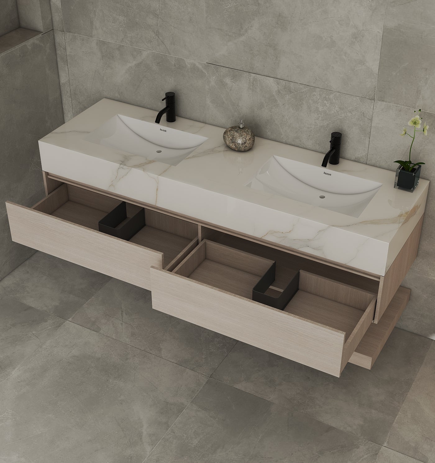 60"/ 71" Ash Grey Oak Double Sink Stone Top Open Shelf Floating Bathroom Vanity - VanityAsh Grey Oak