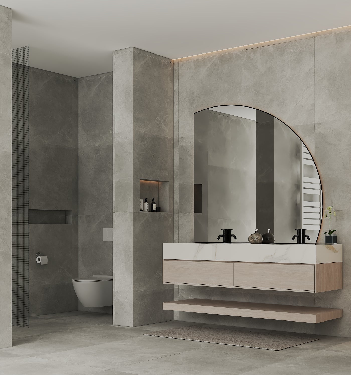 60"/ 71" Ash Grey Oak Double Sink Stone Top Open Shelf Floating Bathroom Vanity - VanityAsh Grey Oak