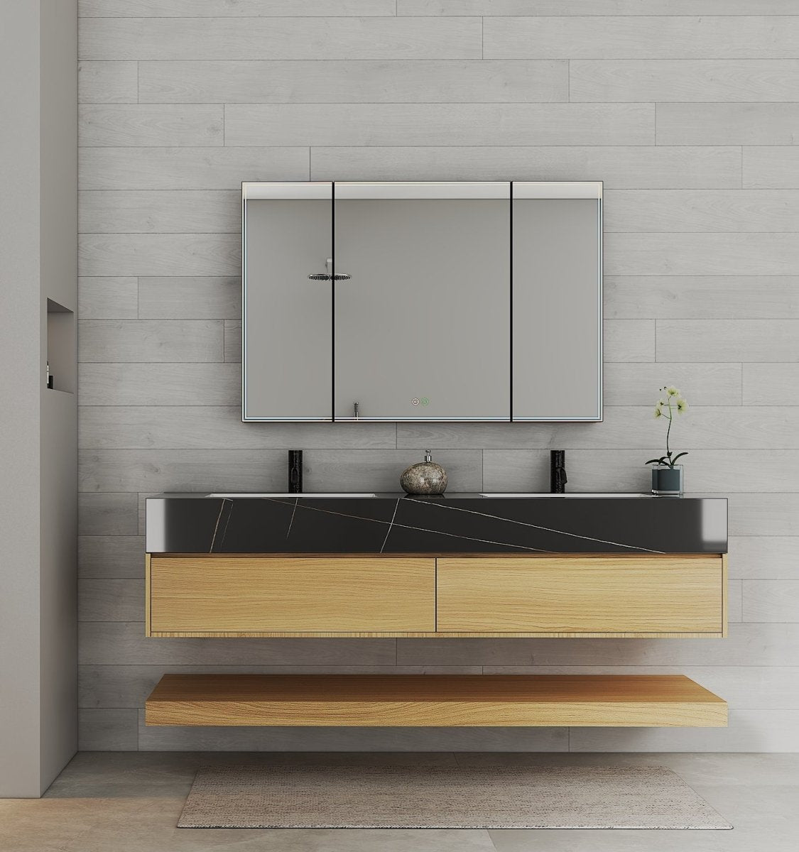 60” / 71” Honey Oak Floating Double Sink Vanity – Stone Top - VanityHoney Oak NeoNova Decor