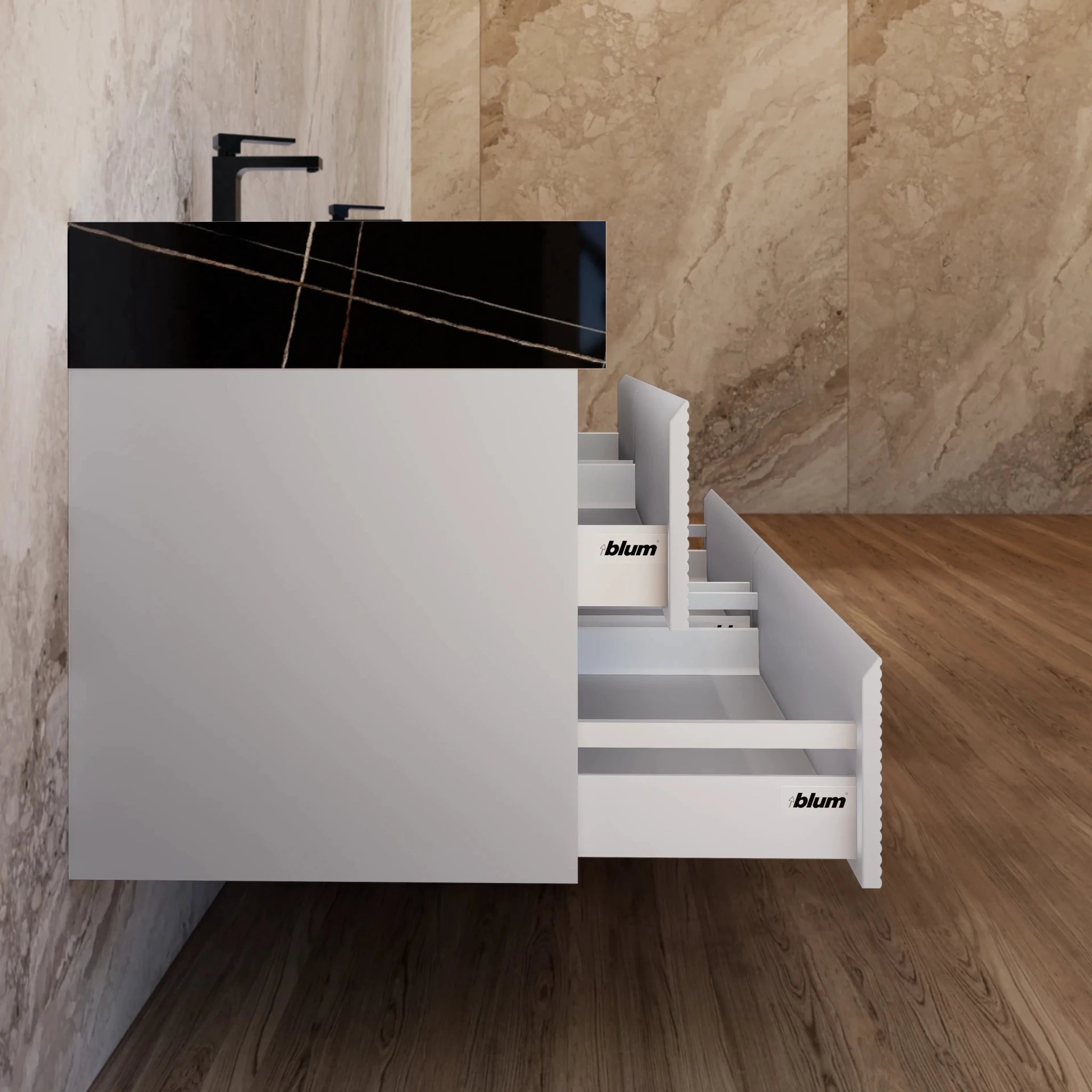 60" /71" Light Grey Floating Vanity with Seamless Stone Double Sink - VanityBlack Marquina Gold Veins