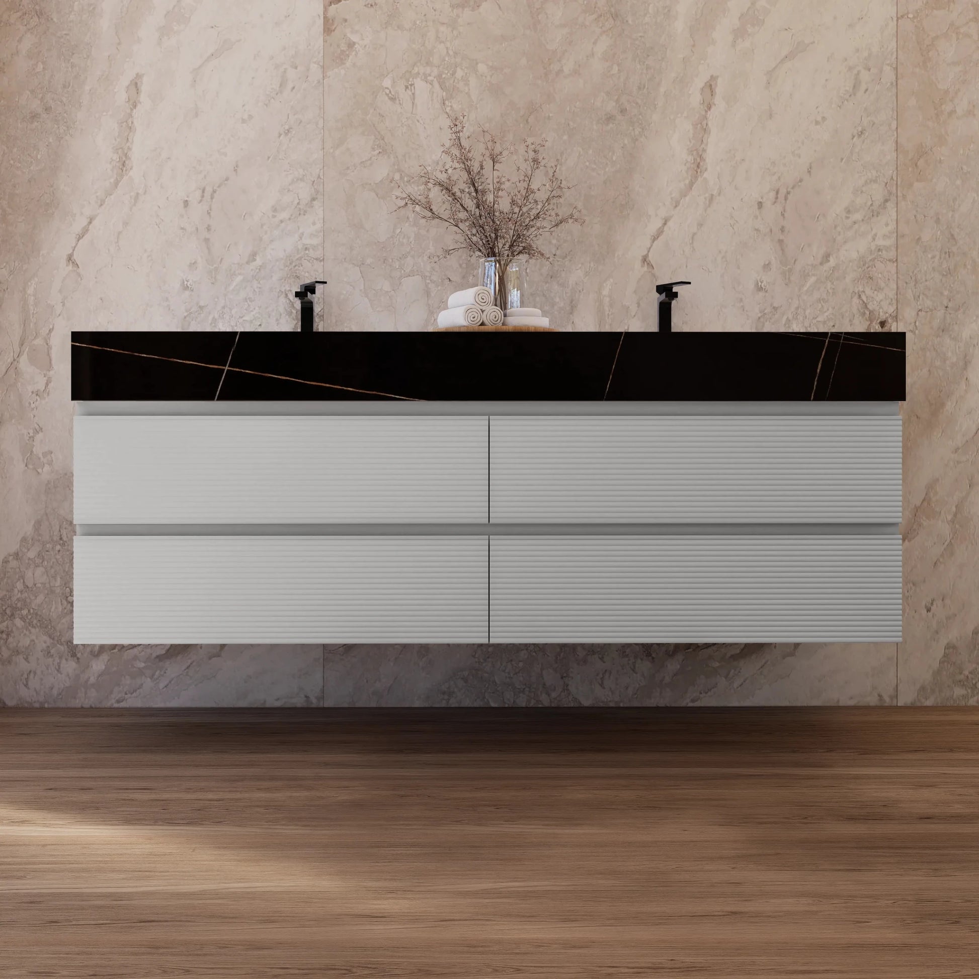 60" /71" Light Grey Floating Vanity with Seamless Stone Double Sink - VanityBlack Marquina Gold Veins