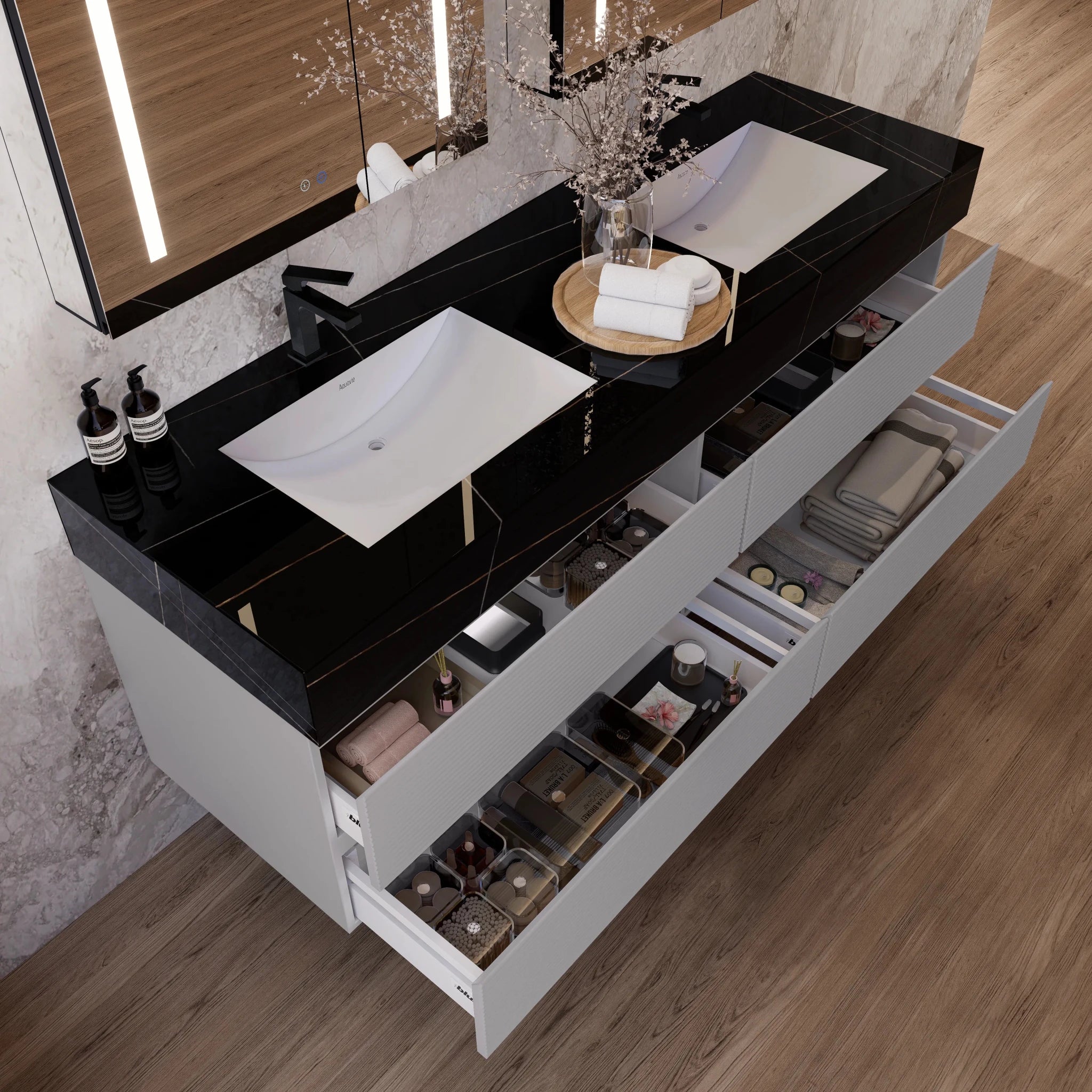 60" /71" Light Grey Floating Vanity with Seamless Stone Double Sink - VanityBlack Marquina Gold Veins