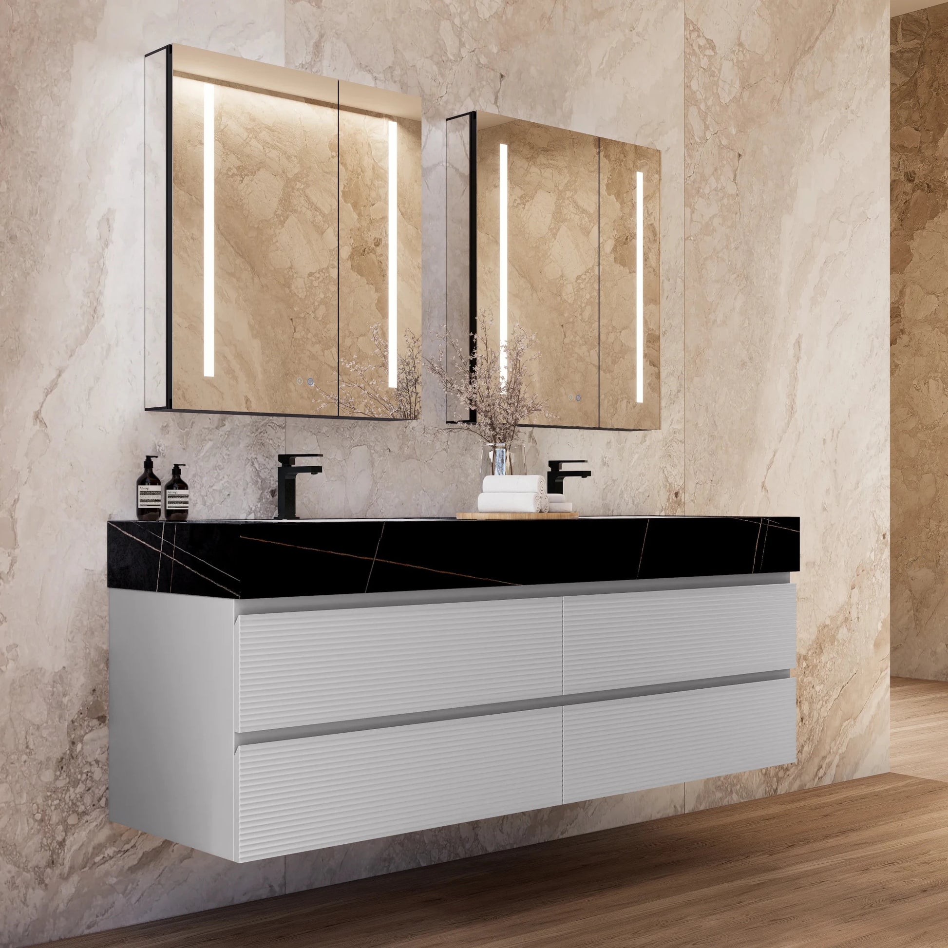 60" /71" Light Grey Floating Vanity with Seamless Stone Double Sink - VanityBlack Marquina Gold Veins
