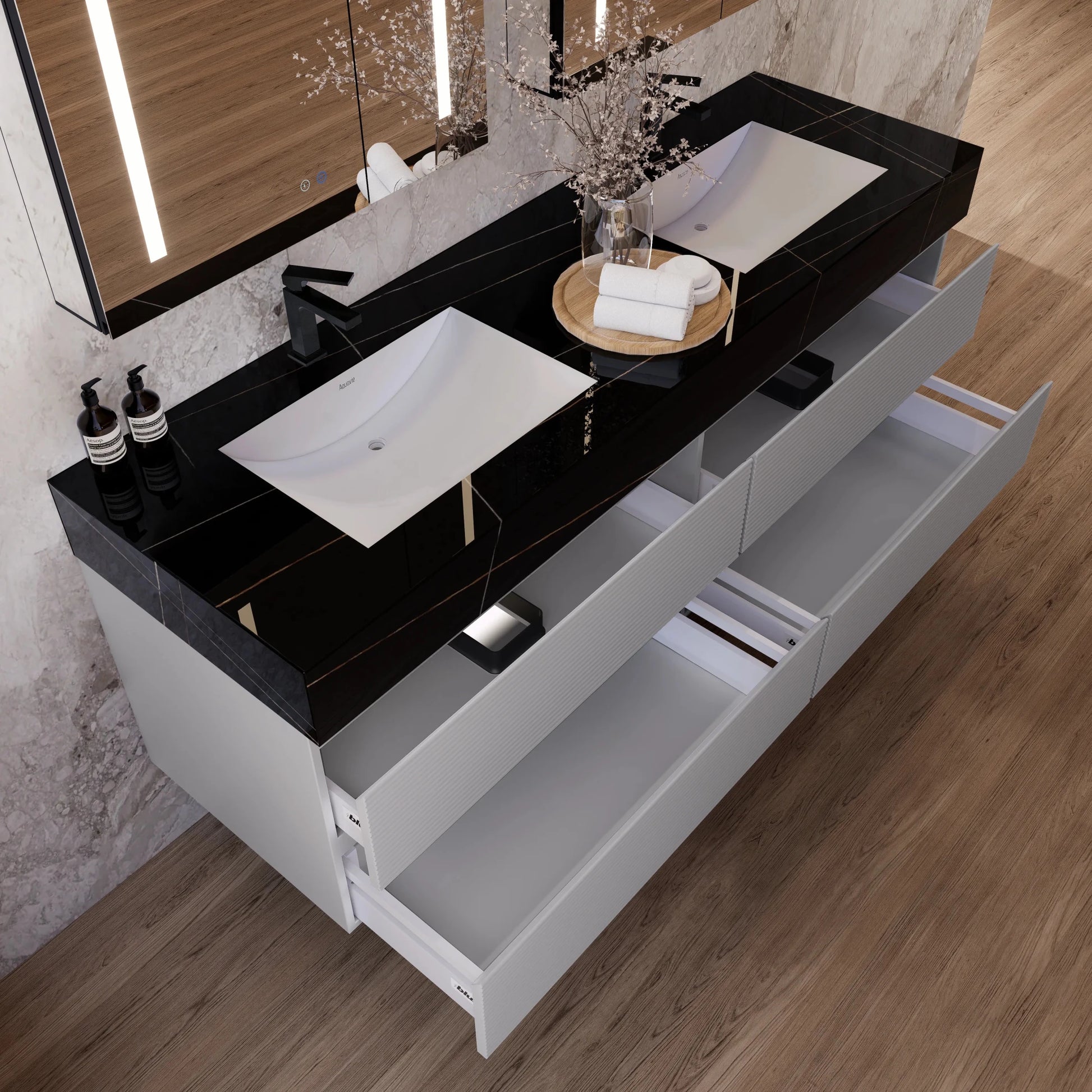 60" /71" Light Grey Floating Vanity with Seamless Stone Double Sink - VanityBlack Marquina Gold Veins