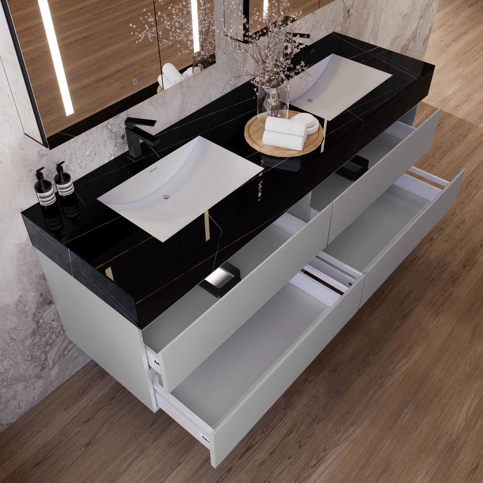 60" /71" Light Grey Floating Vanity with Seamless Stone Double Sink - VanityBlack Marquina Gold Veins