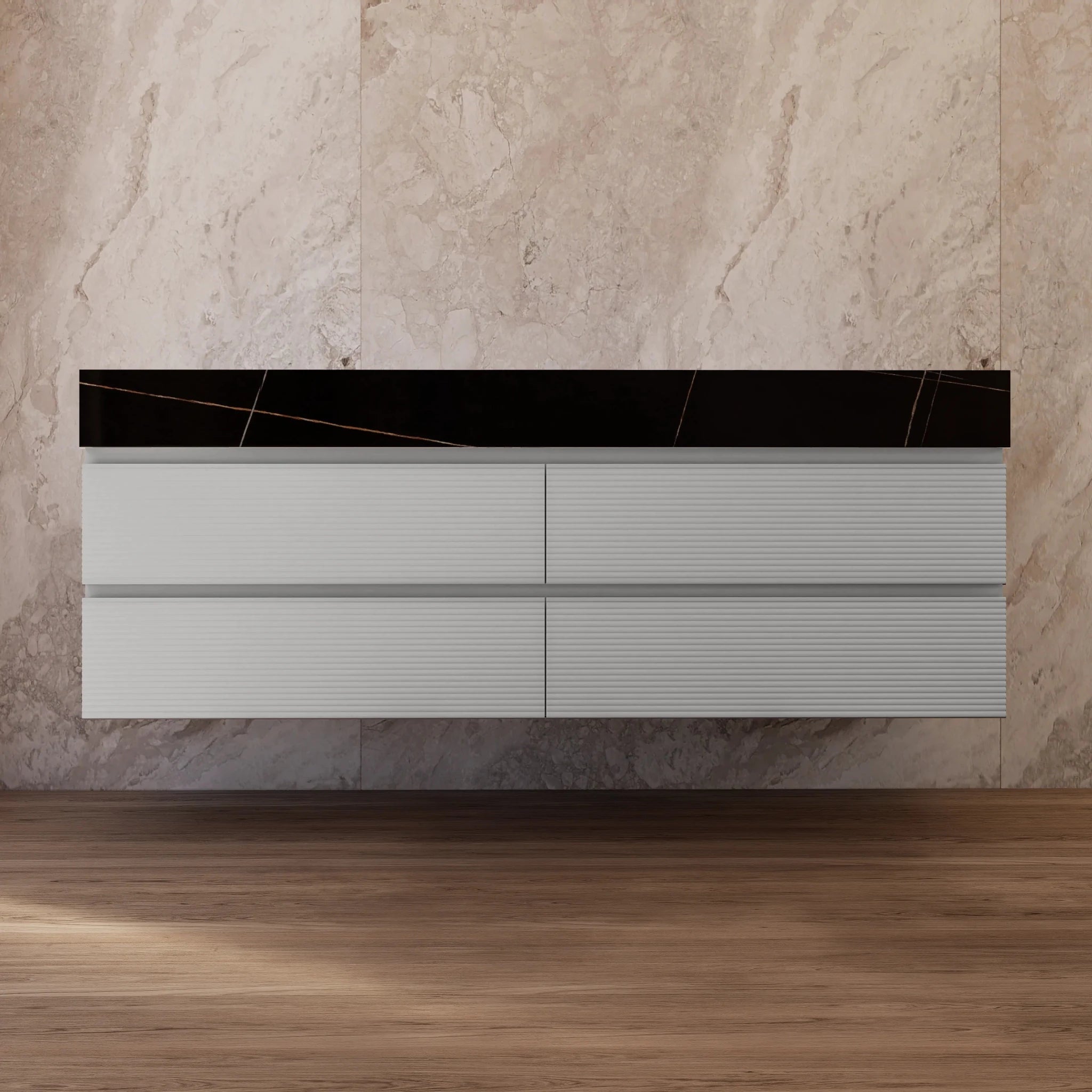 60" /71" Light Grey Floating Vanity with Seamless Stone Double Sink - VanityBlack Marquina Gold Veins