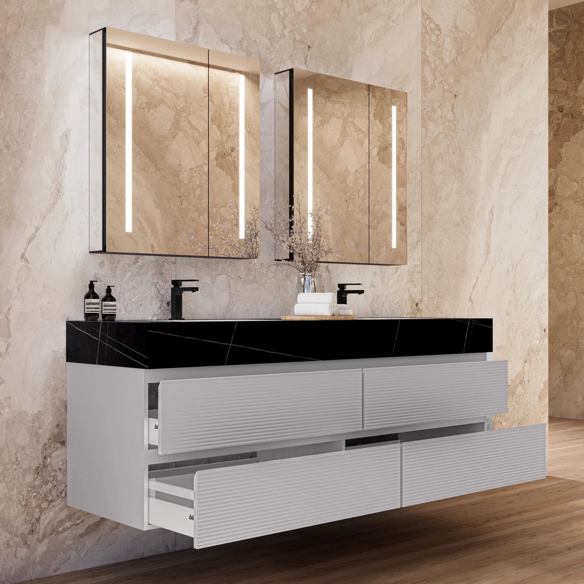 60" /71" Light Grey Floating Vanity with Seamless Stone Double Sink - VanityBlack Marquina Gold Veins