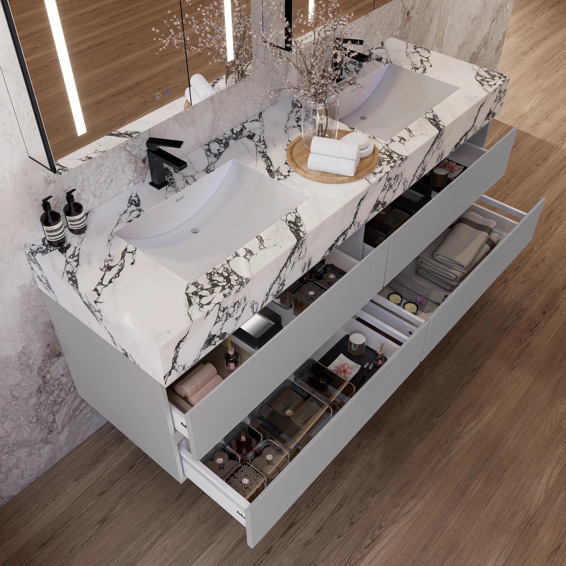 60" /71" Light Grey Floating Vanity with Seamless Stone Double Sink - VanityCalacatta Black