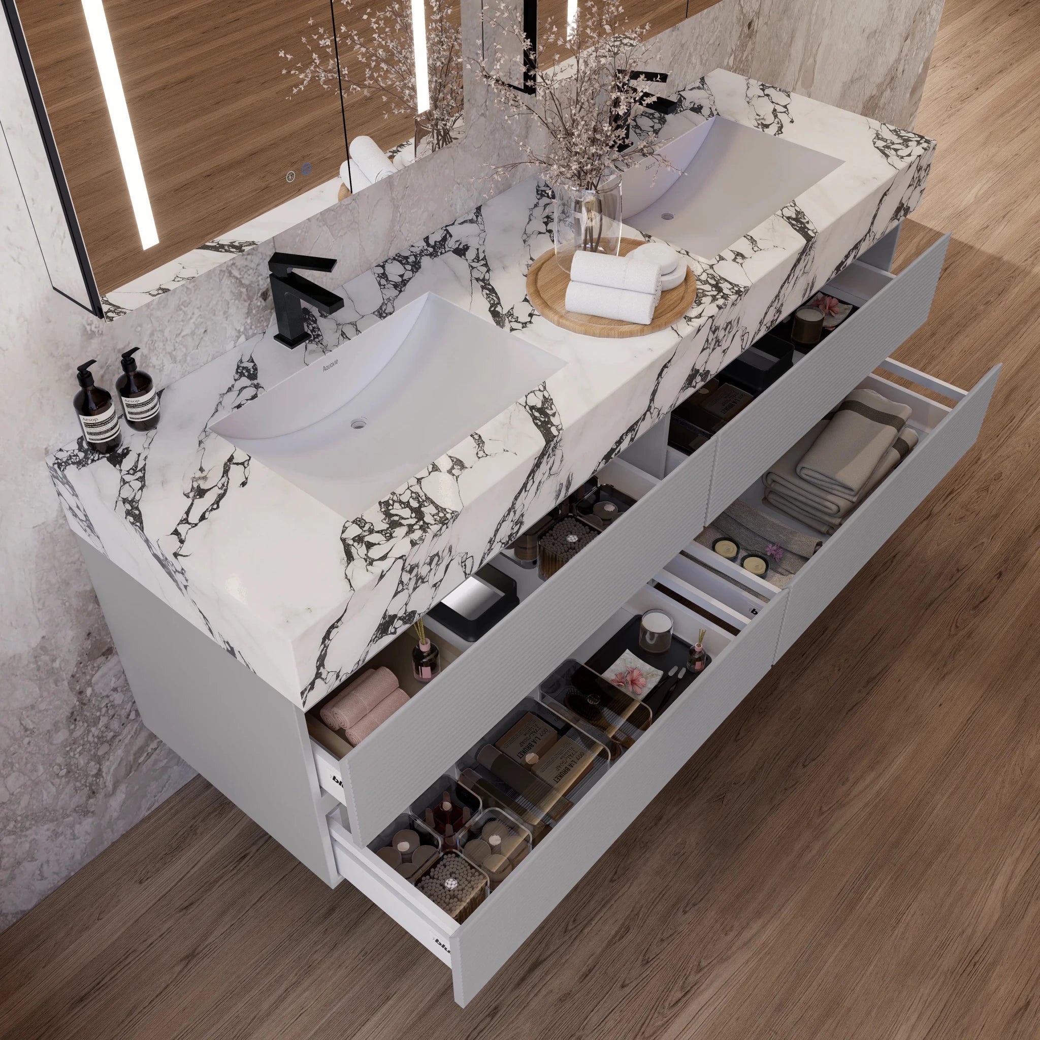 60" /71" Light Grey Floating Vanity with Seamless Stone Double Sink - VanityCalacatta Black