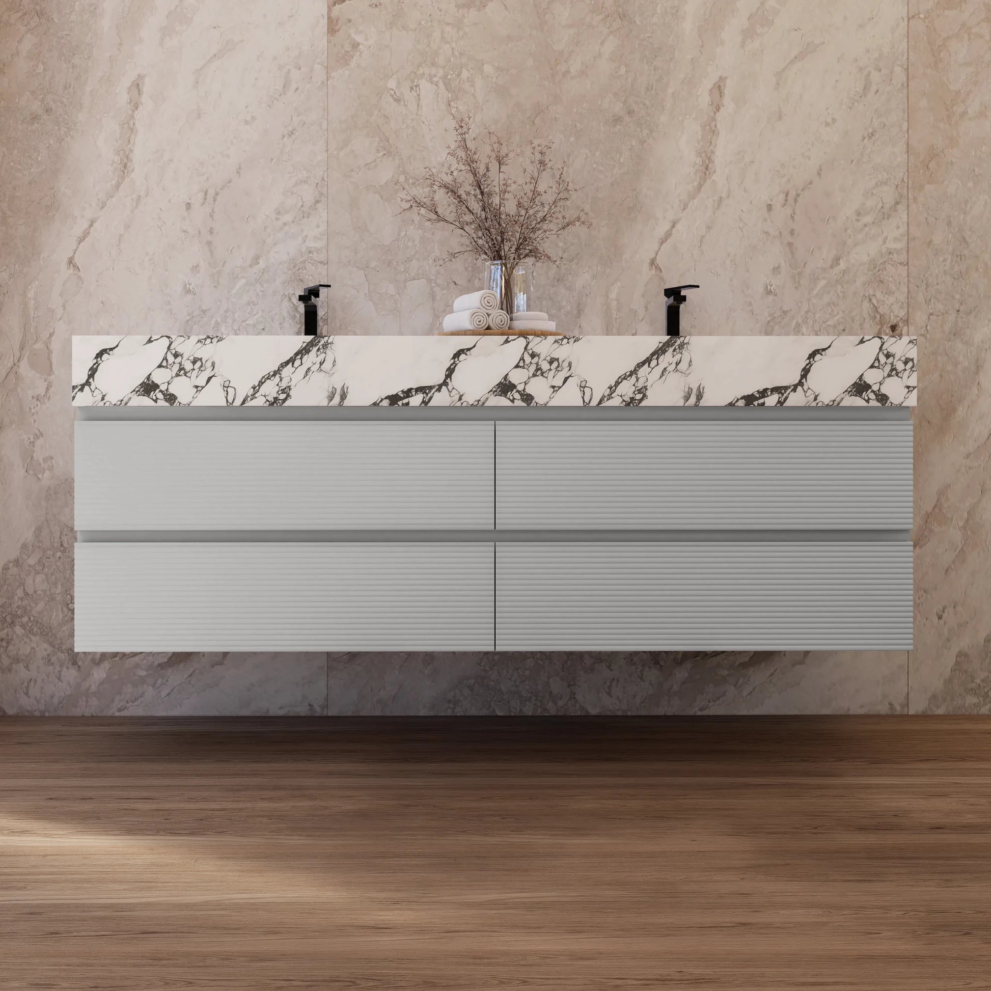 60" /71" Light Grey Floating Vanity with Seamless Stone Double Sink - VanityCalacatta Black
