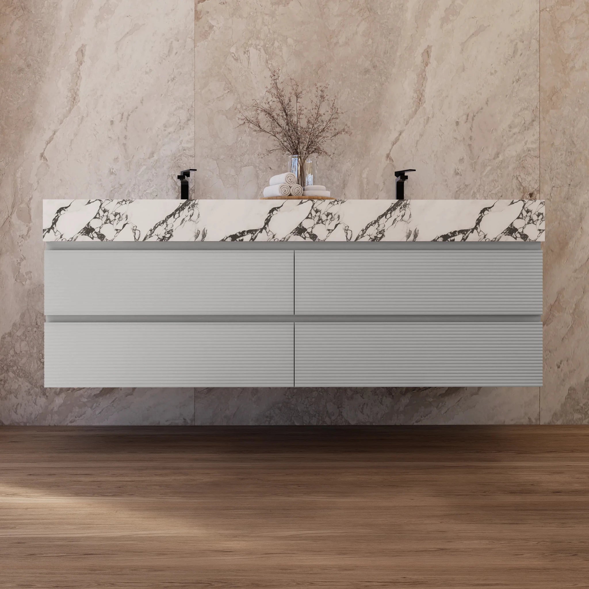 60" /71" Light Grey Floating Vanity with Seamless Stone Double Sink - VanityCalacatta Black