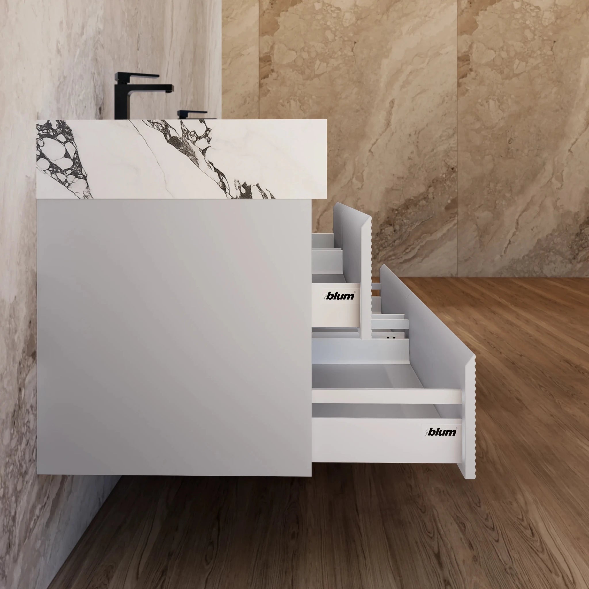 60" /71" Light Grey Floating Vanity with Seamless Stone Double Sink - VanityCalacatta Black