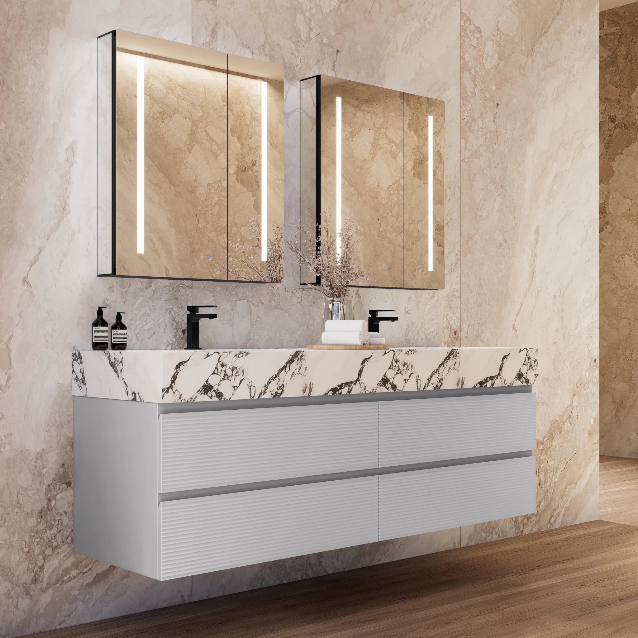 60" /71" Light Grey Floating Vanity with Seamless Stone Double Sink - VanityCalacatta Black