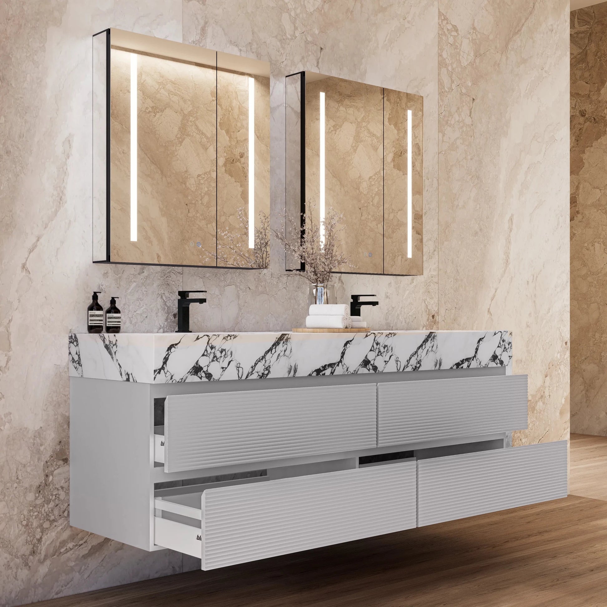 60" /71" Light Grey Floating Vanity with Seamless Stone Double Sink - VanityCalacatta Black