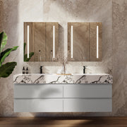 60" /71" Light Grey Floating Vanity with Seamless Stone Double Sink - VanityCalacatta Black