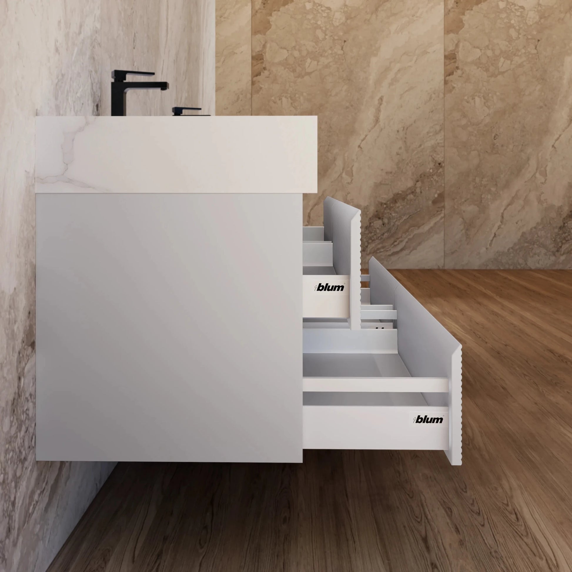 60" /71" Light Grey Floating Vanity with Seamless Stone Double Sink - VanityCalacatta Gold