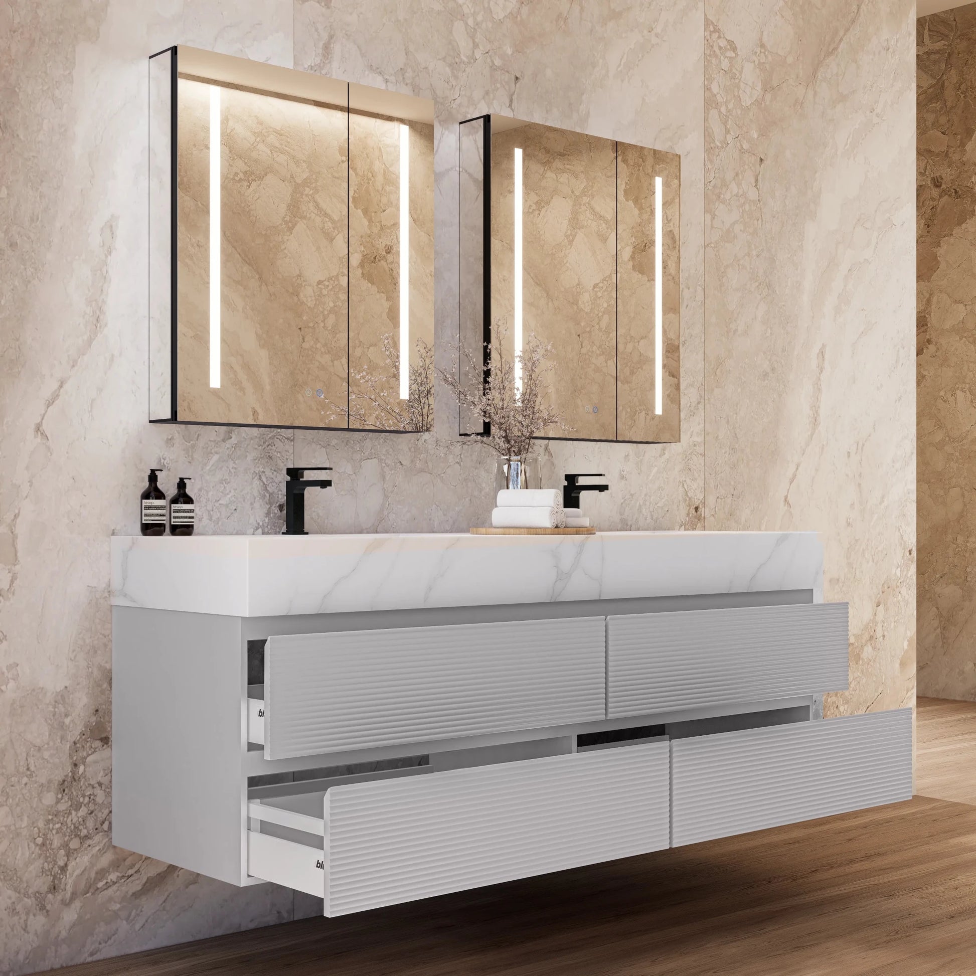 60" /71" Light Grey Floating Vanity with Seamless Stone Double Sink - VanityCalacatta Gold