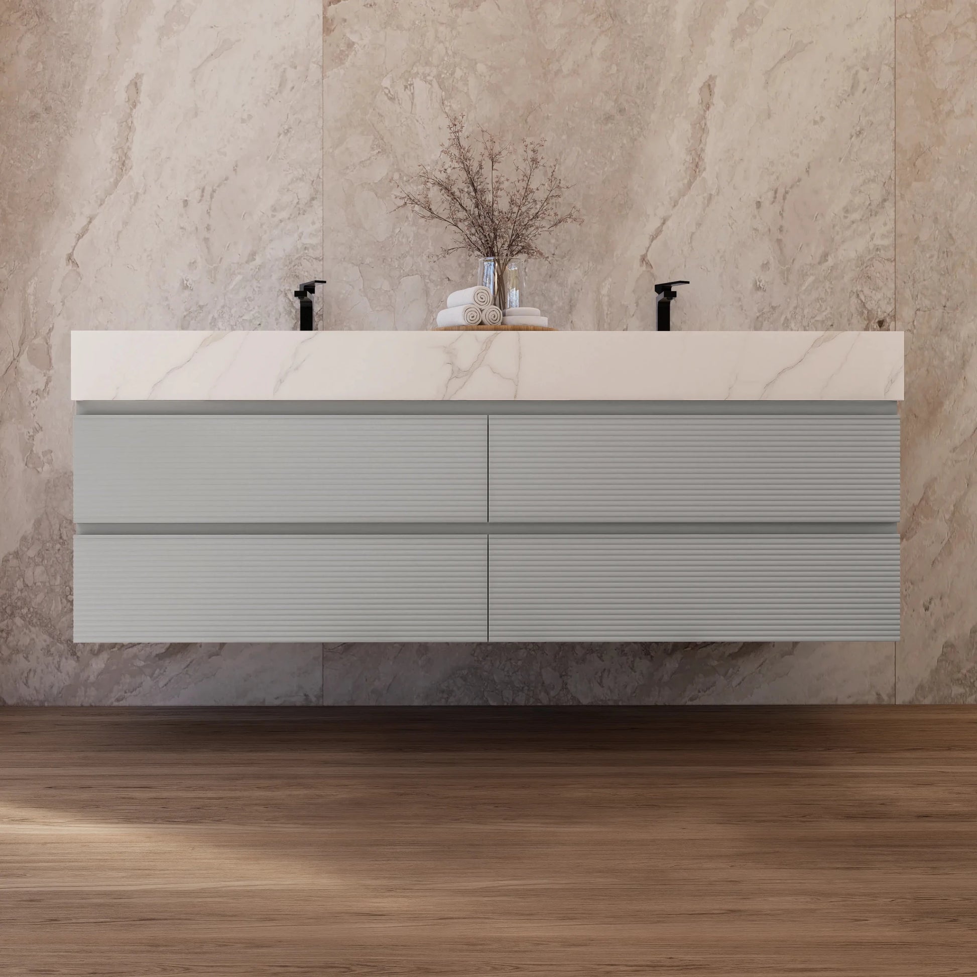 60" /71" Light Grey Floating Vanity with Seamless Stone Double Sink - VanityCalacatta Gold