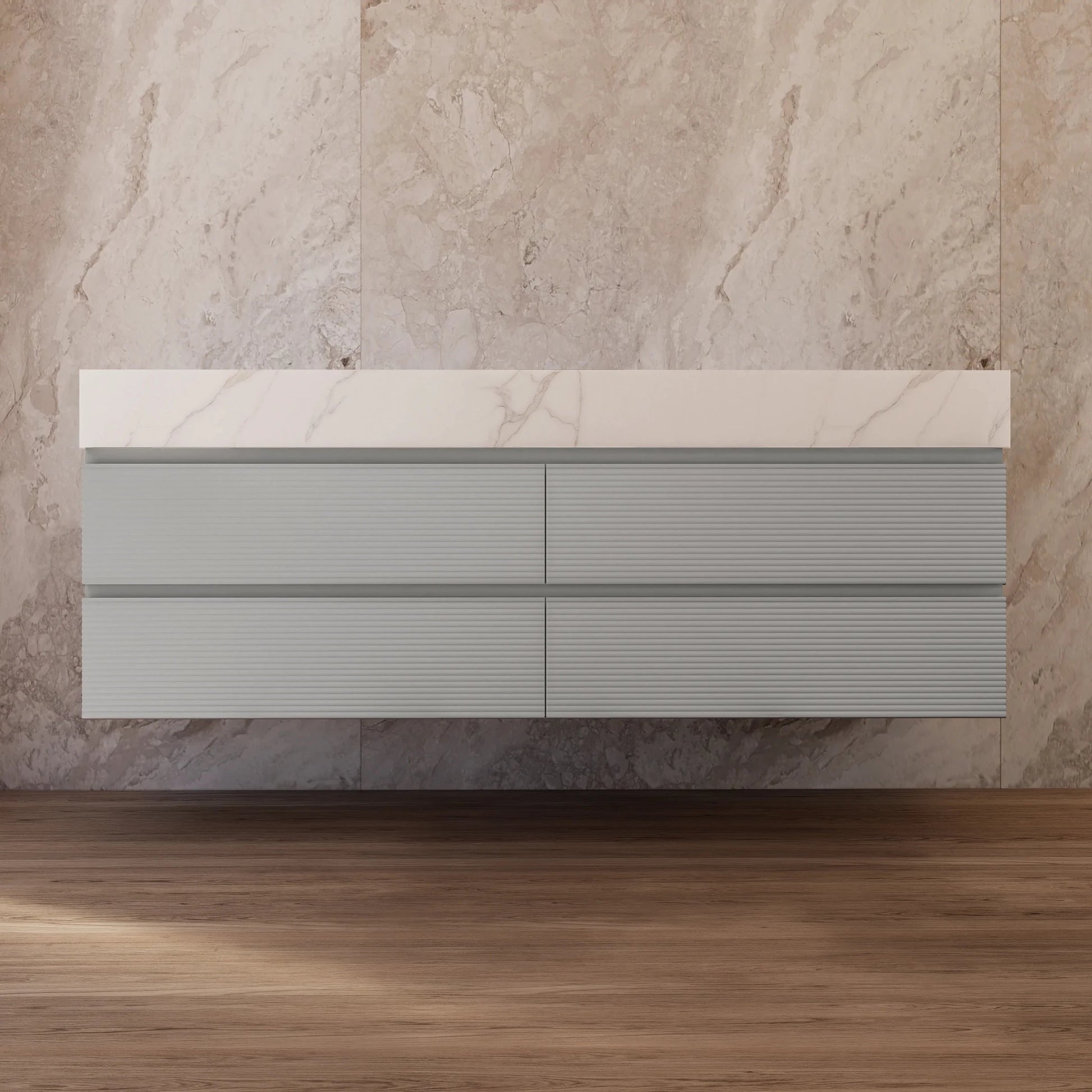 60" /71" Light Grey Floating Vanity with Seamless Stone Double Sink - VanityCalacatta Gold