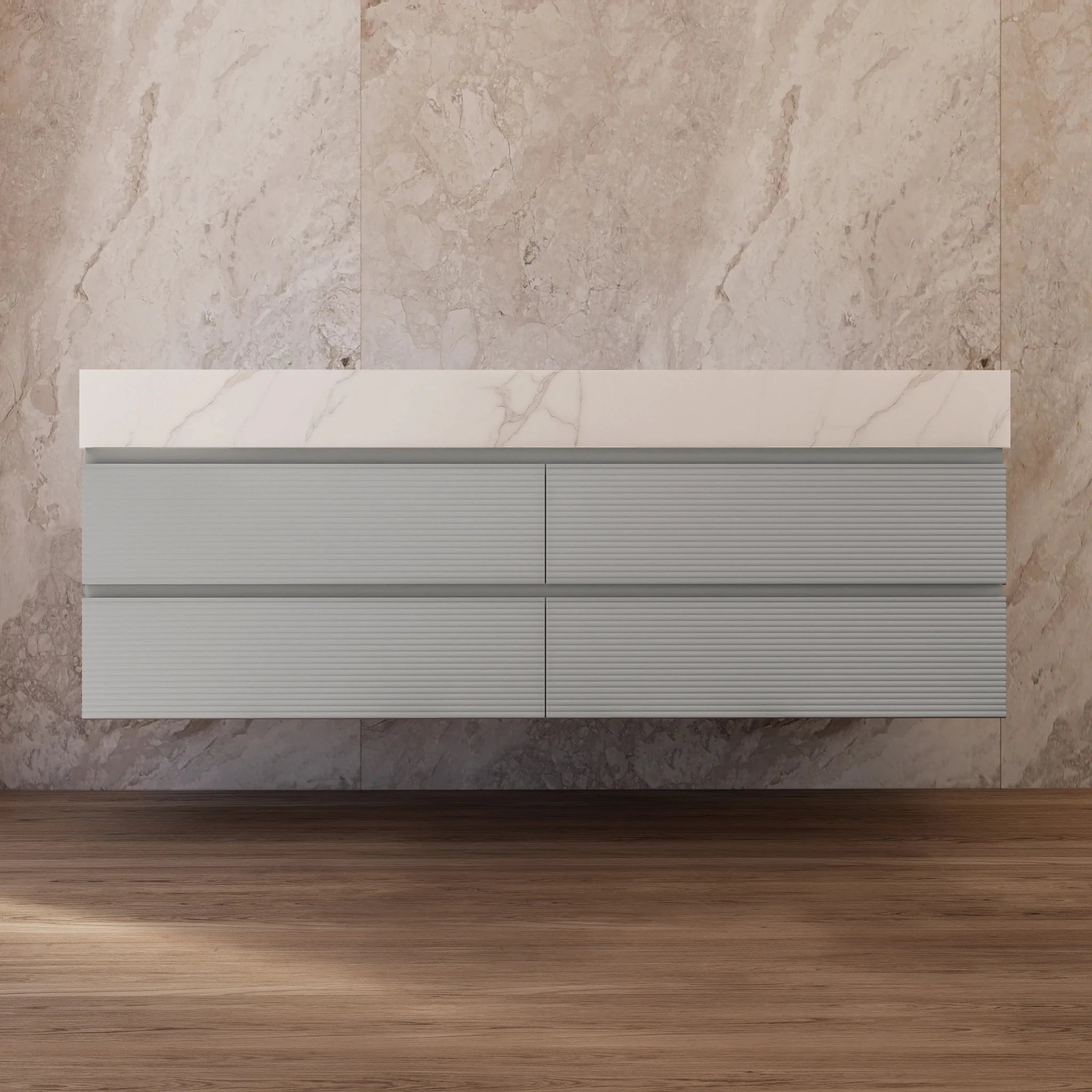 60" /71" Light Grey Floating Vanity with Seamless Stone Double Sink - VanityCalacatta Gold