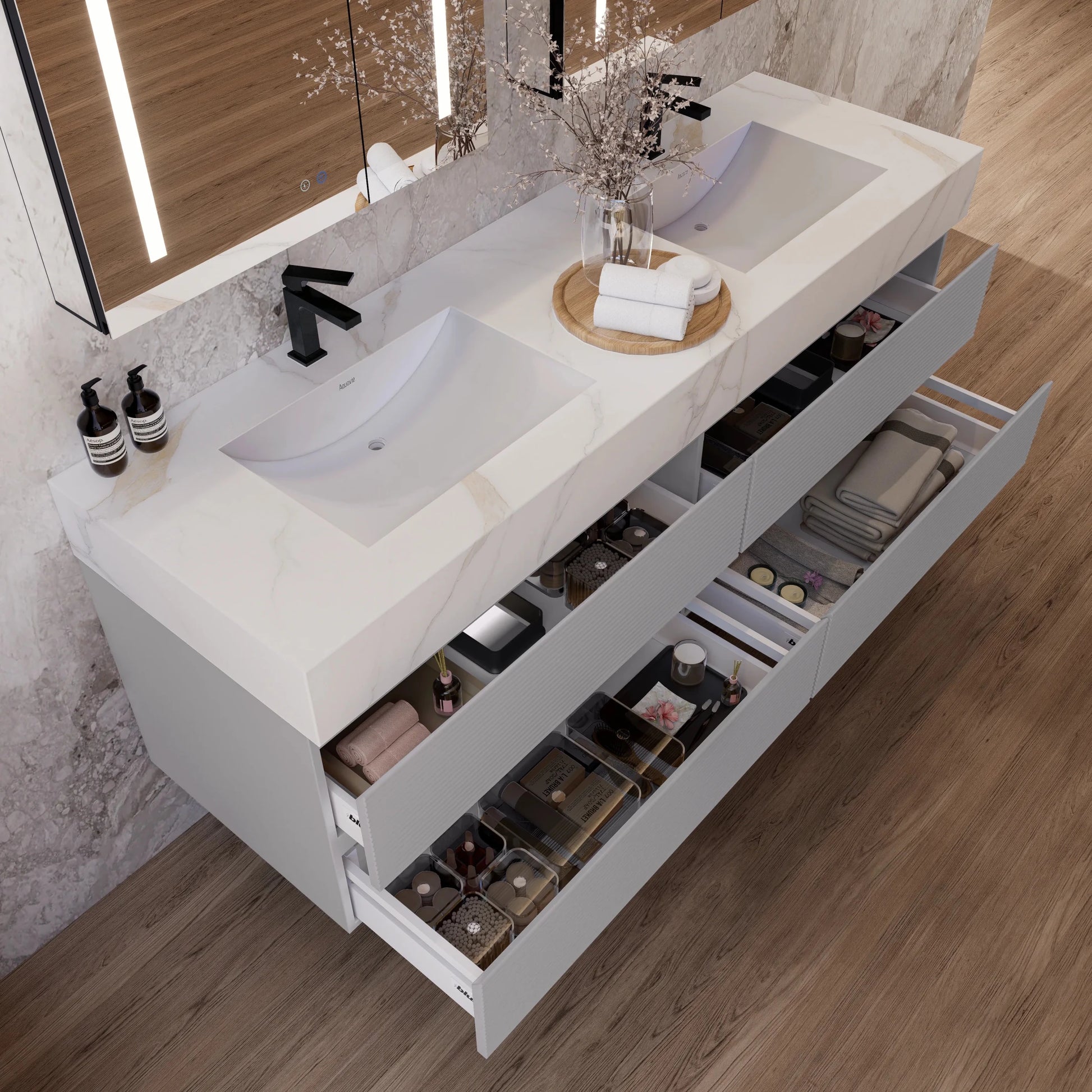 60" /71" Light Grey Floating Vanity with Seamless Stone Double Sink - VanityCalacatta Gold