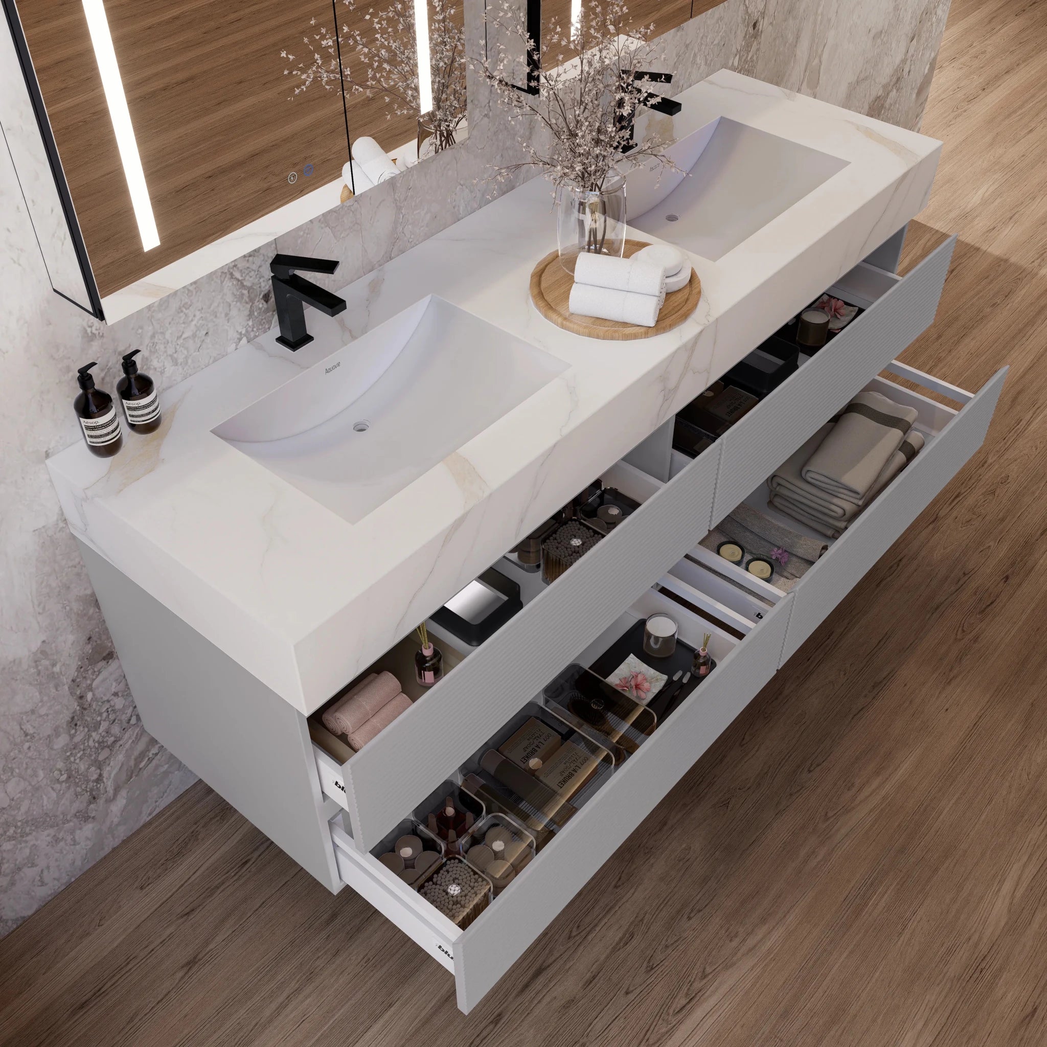 60" /71" Light Grey Floating Vanity with Seamless Stone Double Sink - VanityCalacatta Gold