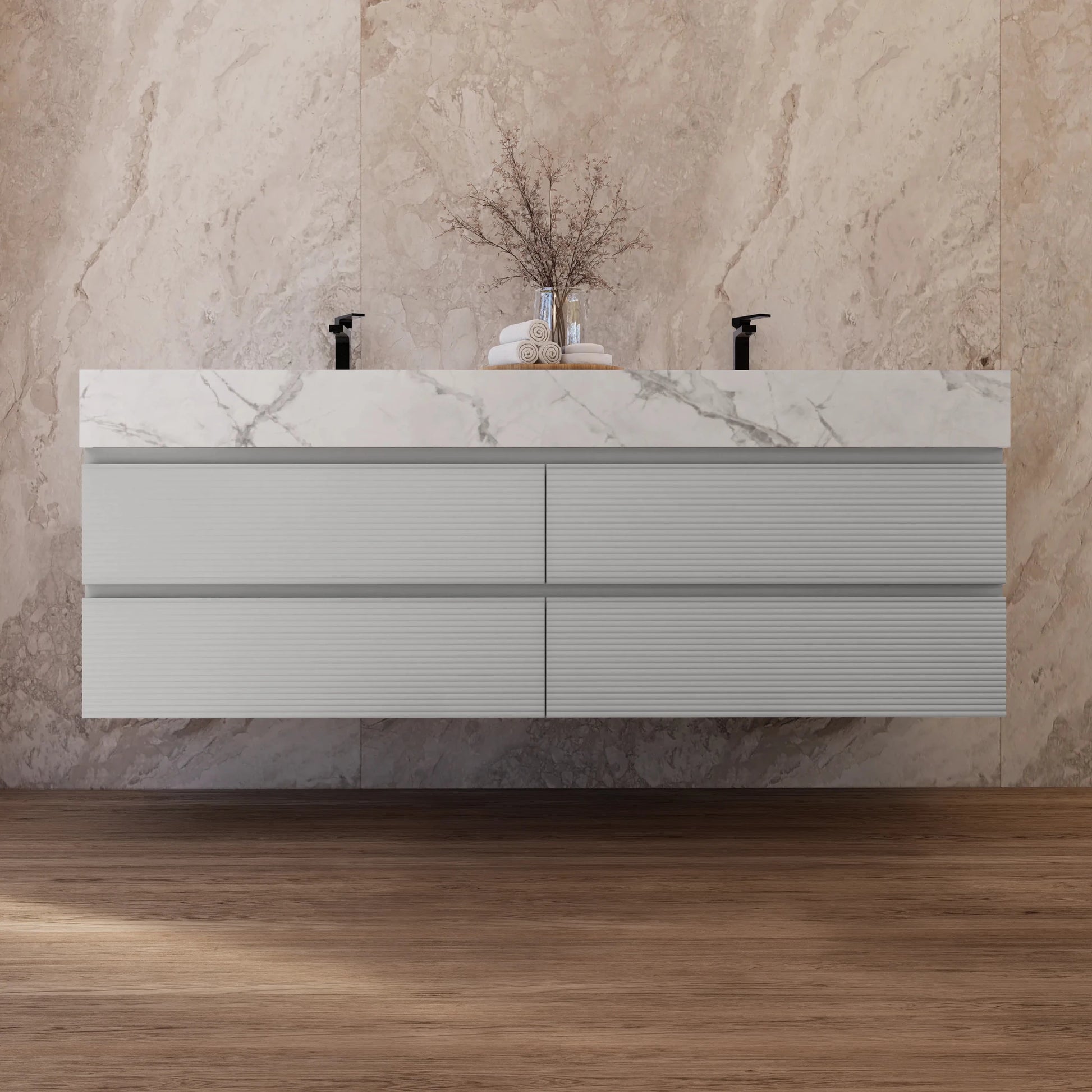 60" /71" Light Grey Floating Vanity with Seamless Stone Double Sink - VanityIce Grey