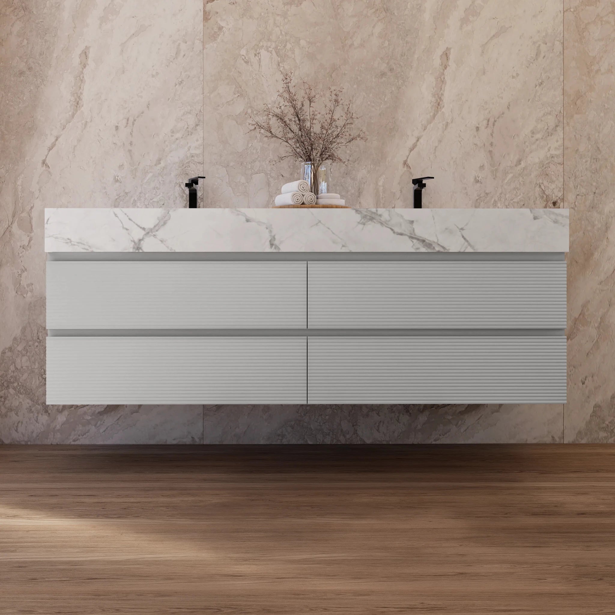 60" /71" Light Grey Floating Vanity with Seamless Stone Double Sink - VanityIce Grey