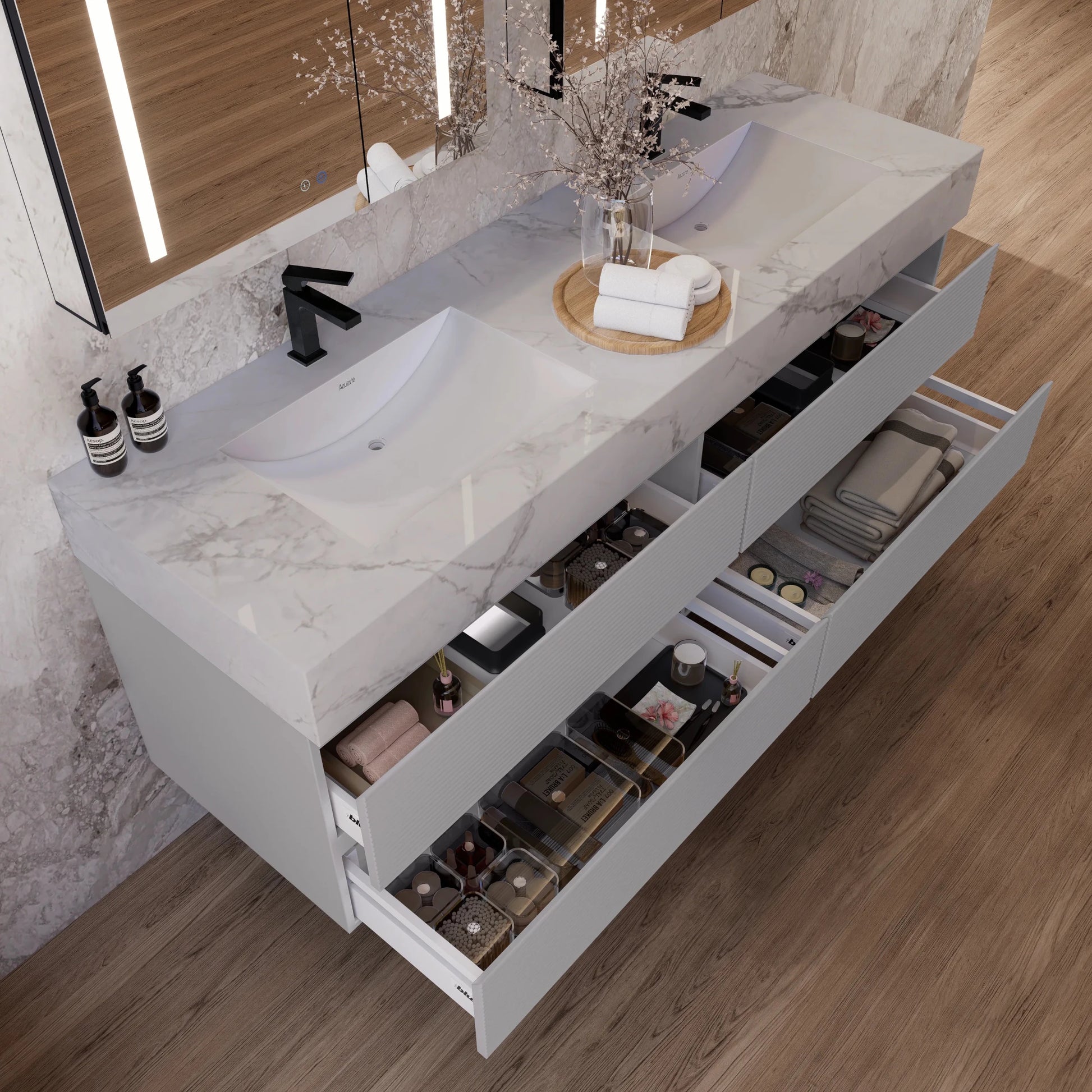 60" /71" Light Grey Floating Vanity with Seamless Stone Double Sink - VanityIce Grey