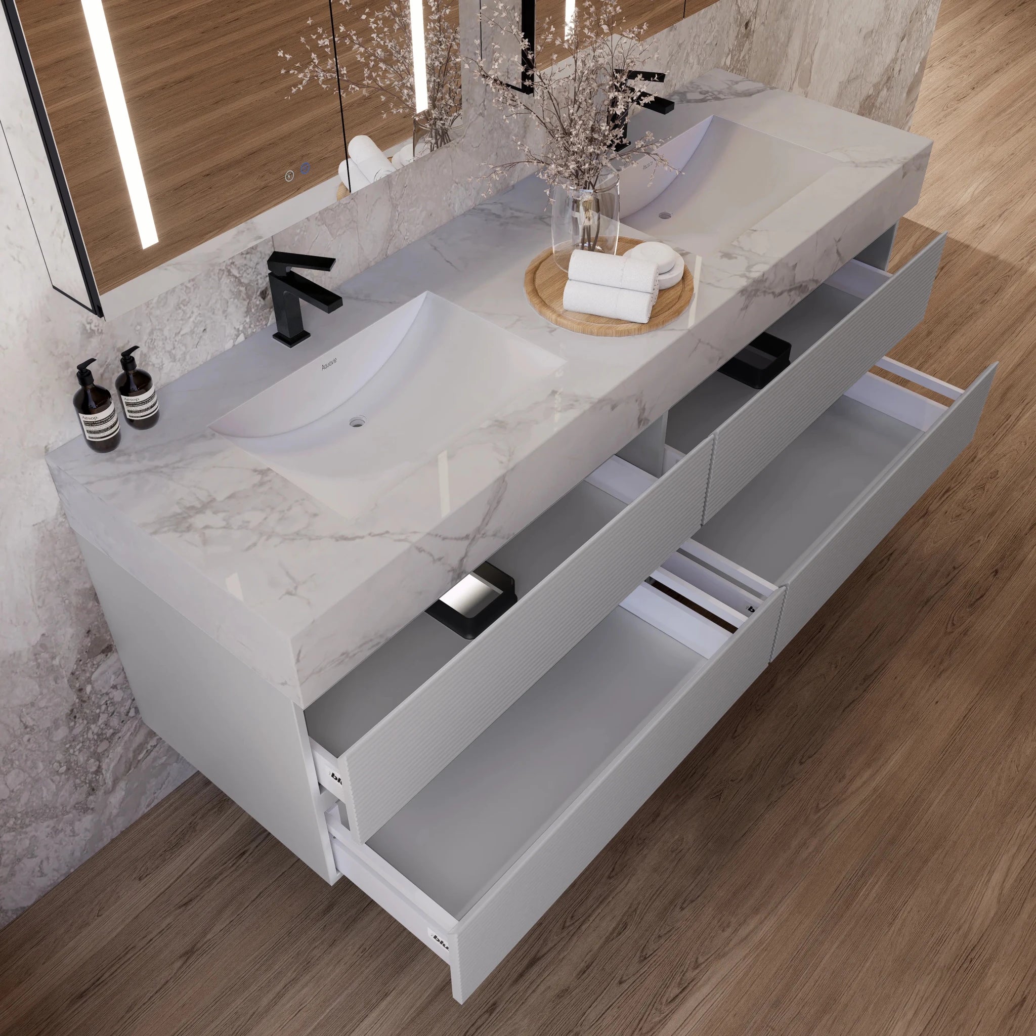 60" /71" Light Grey Floating Vanity with Seamless Stone Double Sink - VanityIce Grey